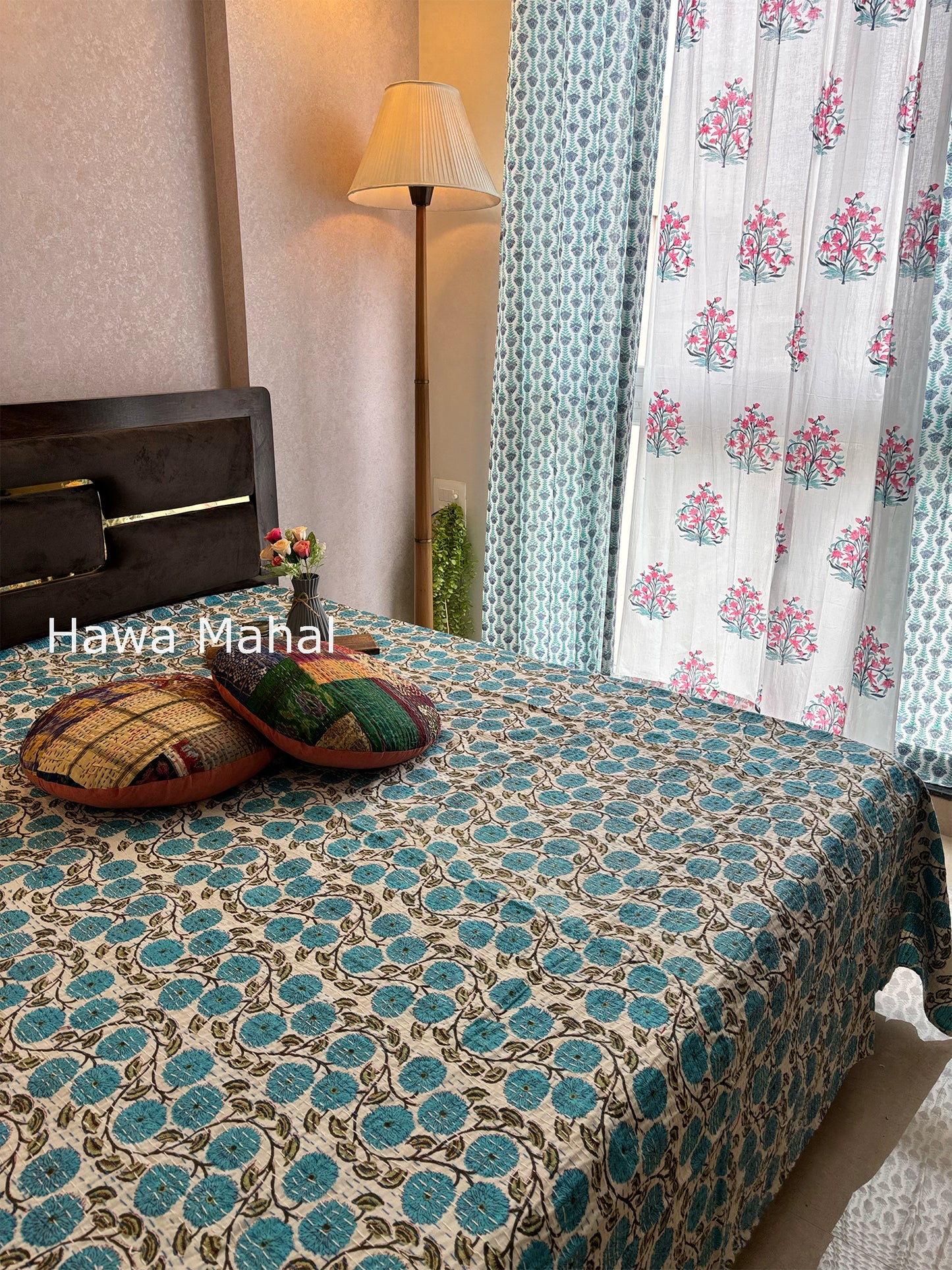 Light Blue Kantha Luxury Bedcover - 90x108 inch