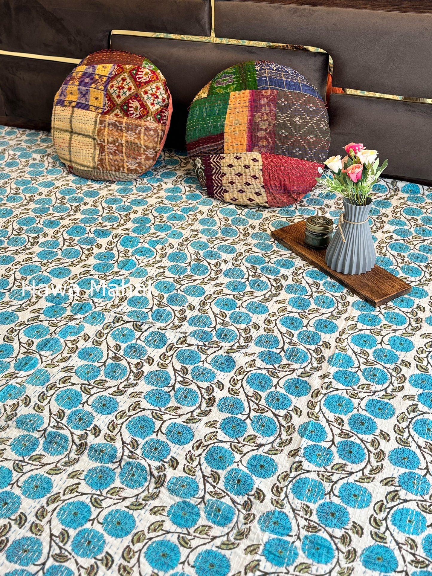 Light Blue Kantha Luxury Bedcover - 90x108 inch