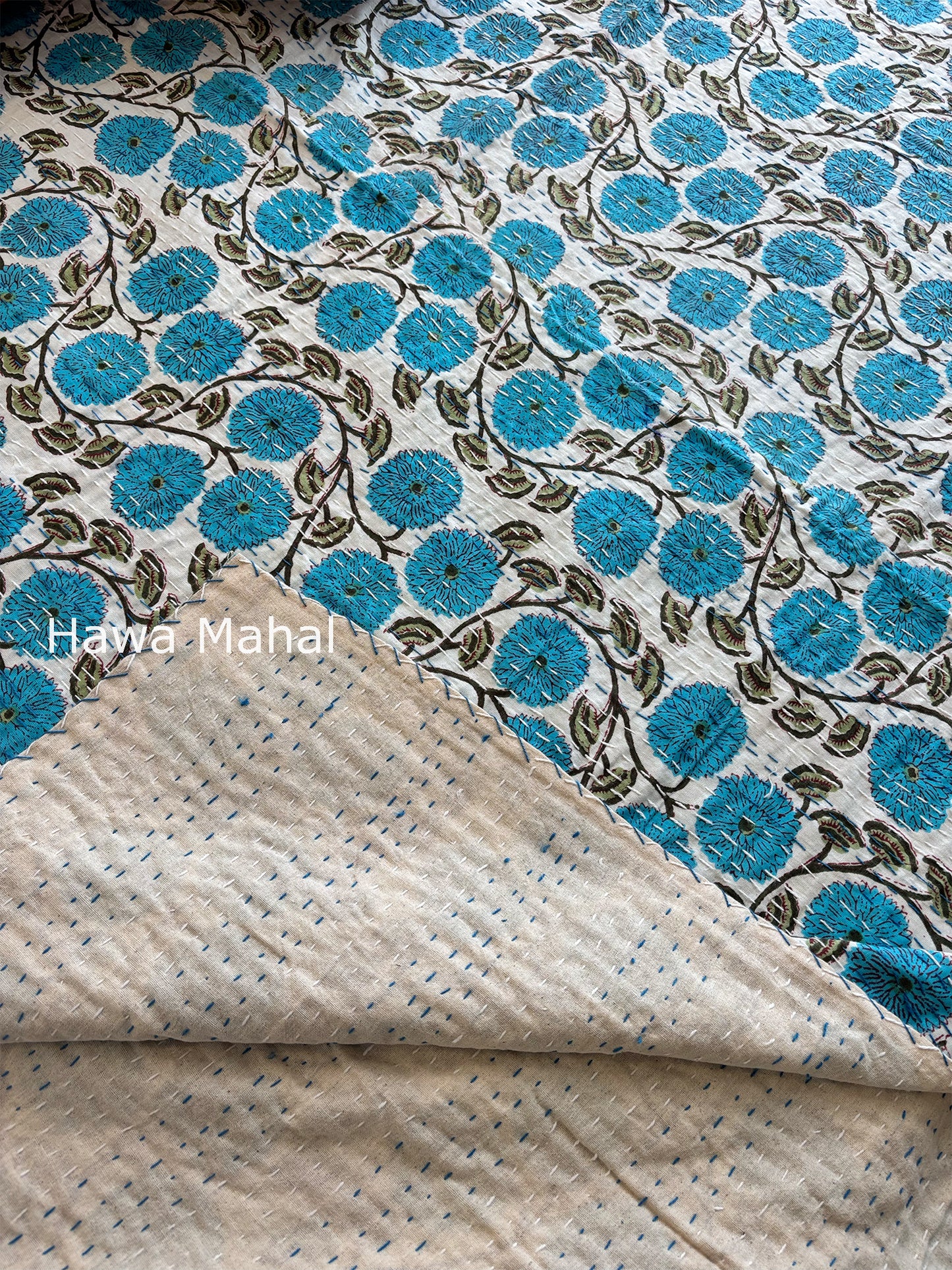 Light Blue Kantha Luxury Bedcover - 90x108 inch