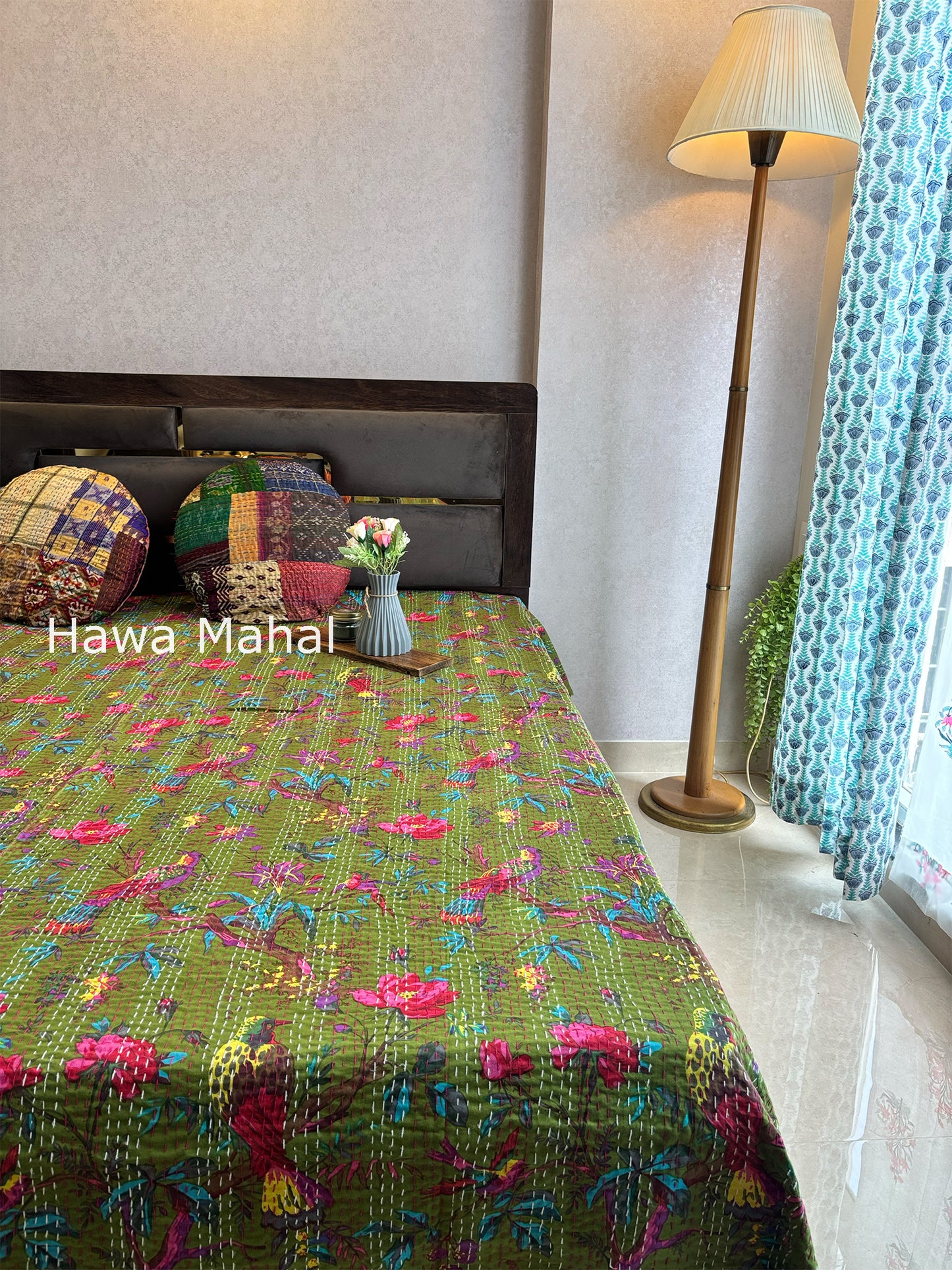 Green Kantha Luxury Bedcover - 90x108 inch