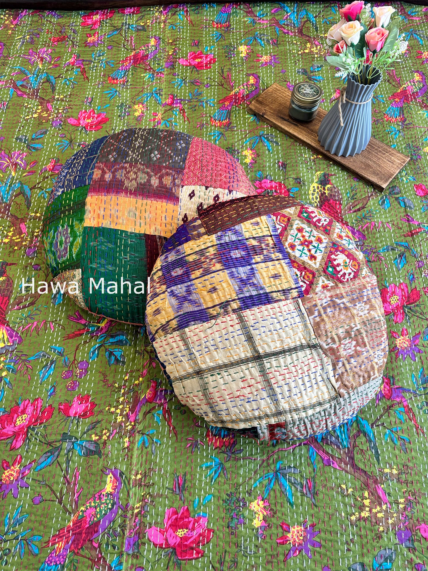 Green Kantha Luxury Bedcover - 90x108 inch
