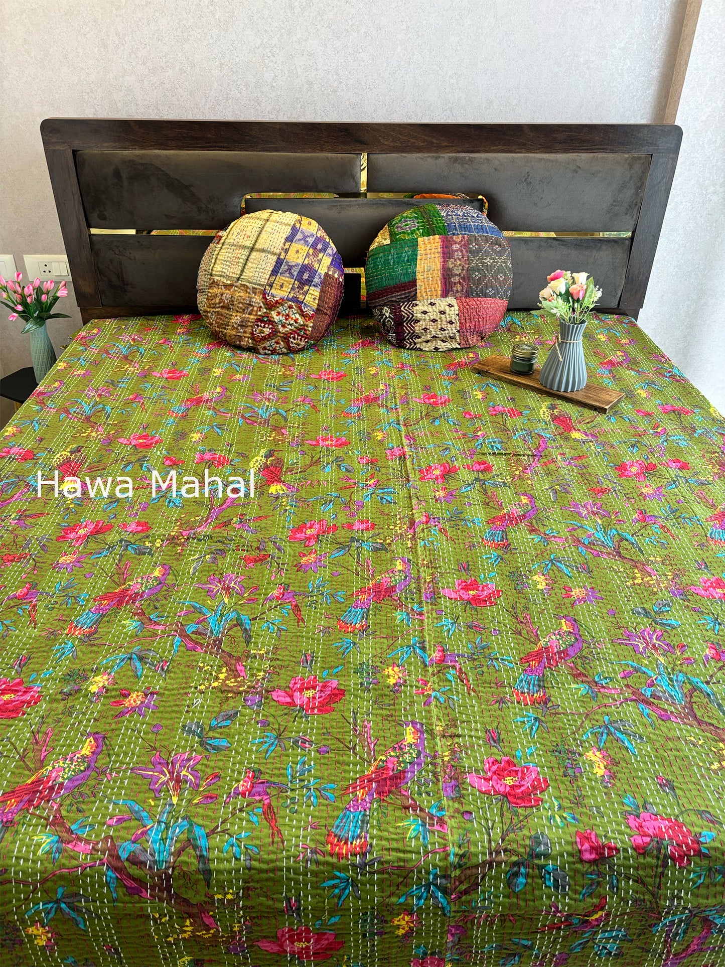 Green Kantha Luxury Bedcover - 90x108 inch