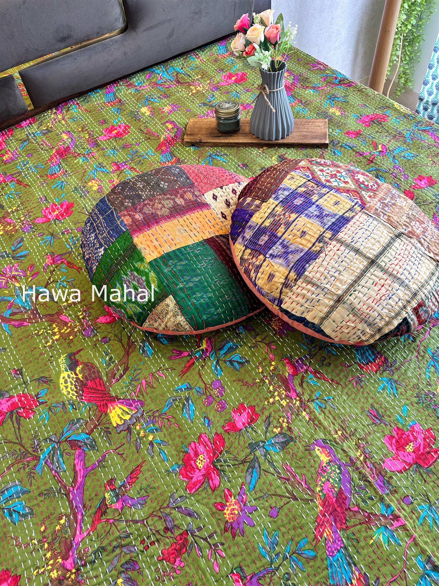 Green Kantha Luxury Bedcover - 90x108 inch