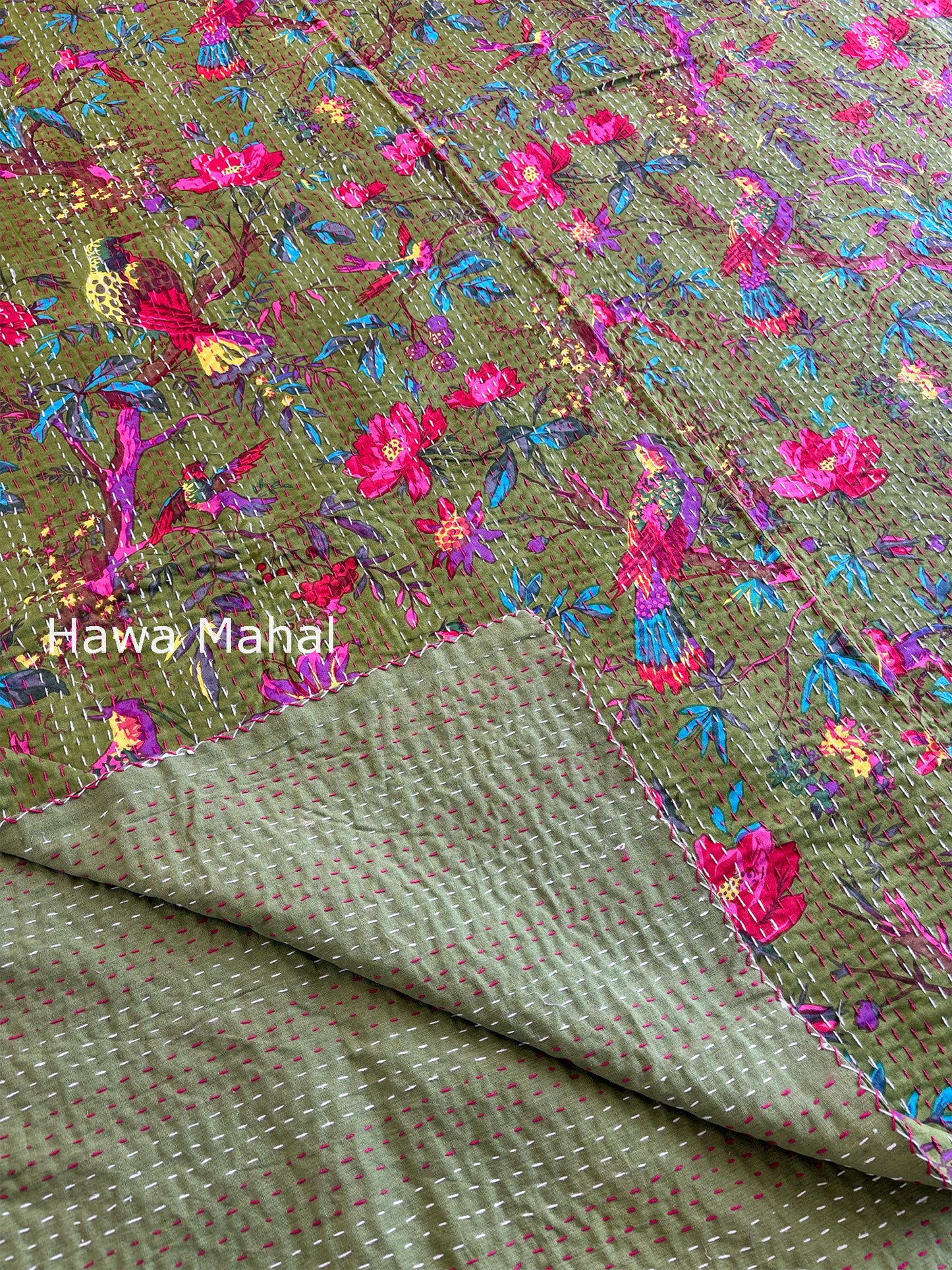 Green Kantha Luxury Bedcover - 90x108 inch