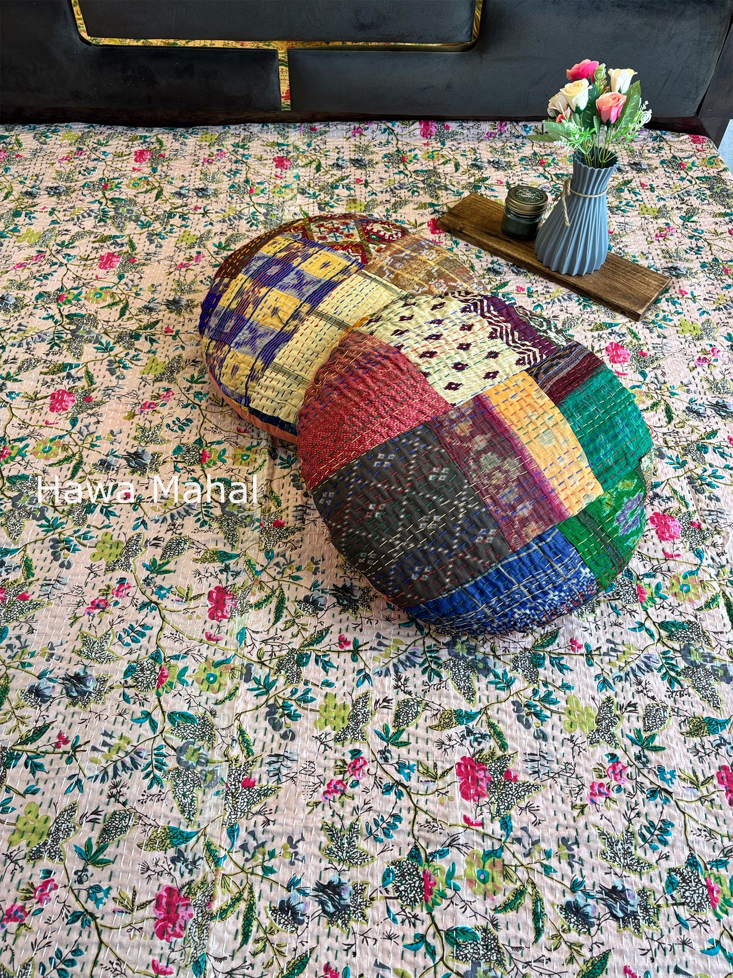 Beige Kantha Luxury Bedcover - 90x108 inch