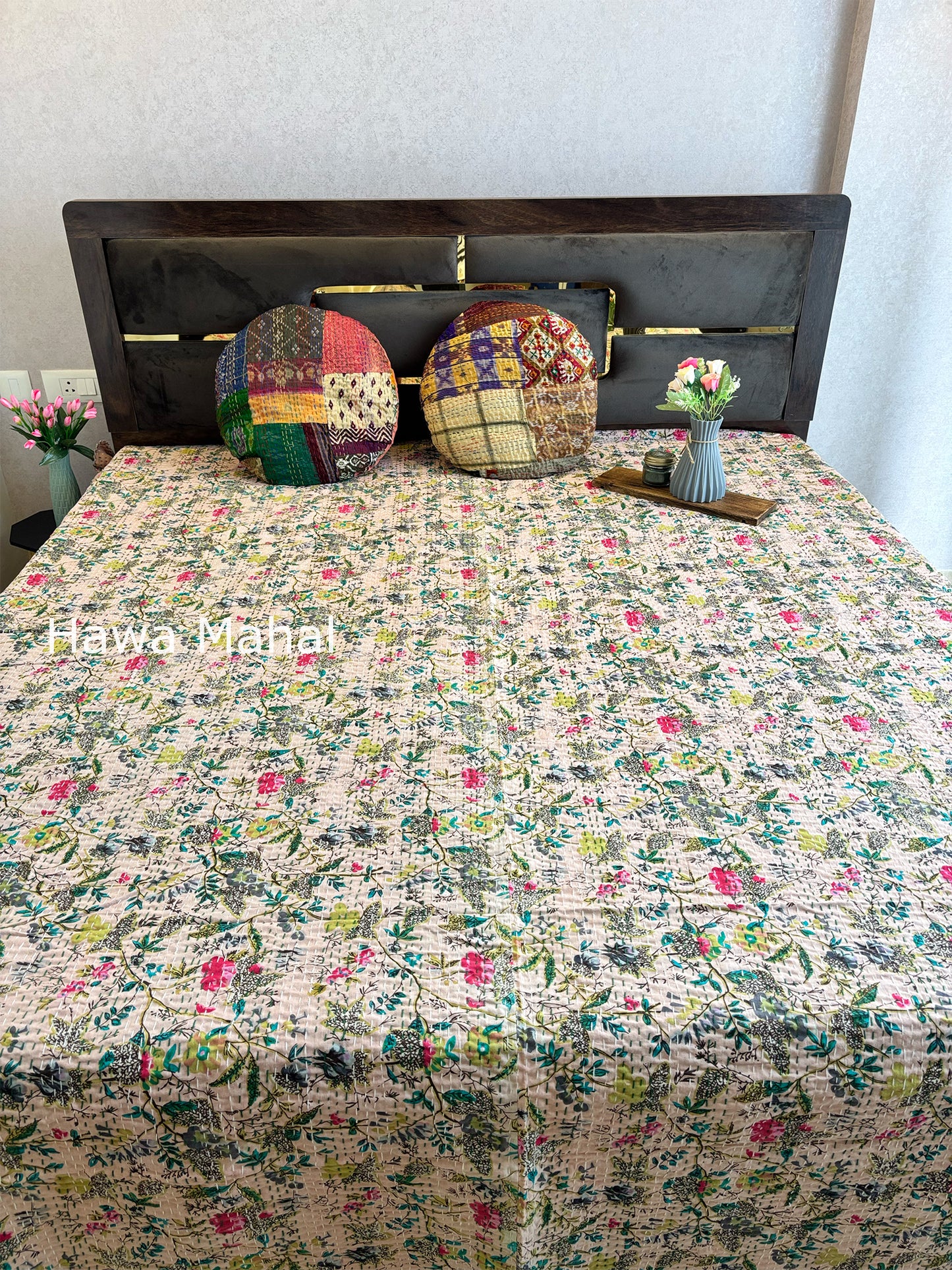 Beige Kantha Luxury Bedcover - 90x108 inch