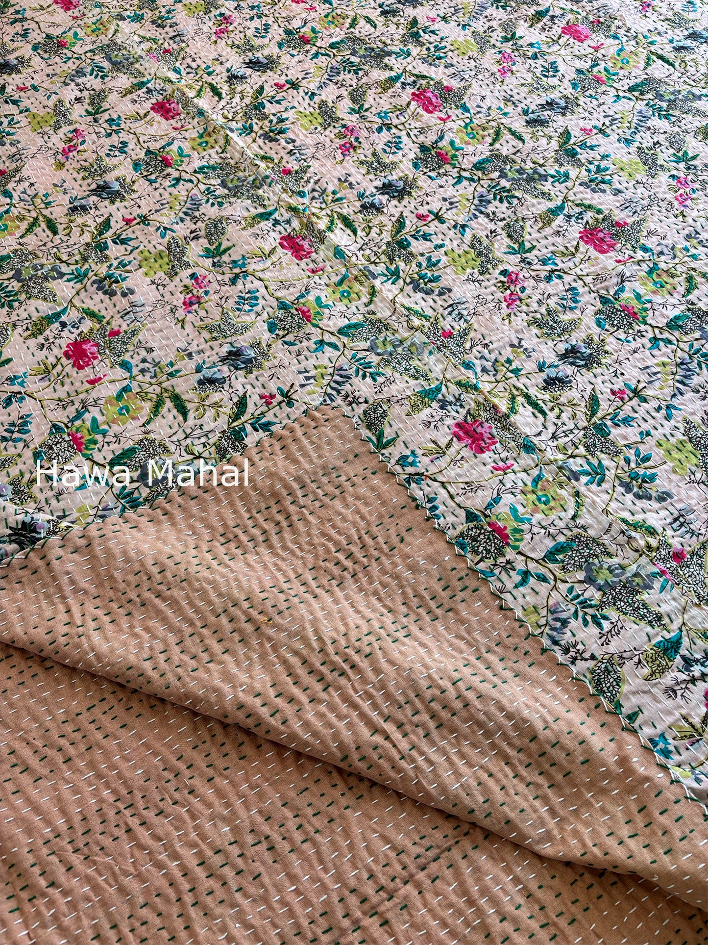 Beige Kantha Luxury Bedcover - 90x108 inch