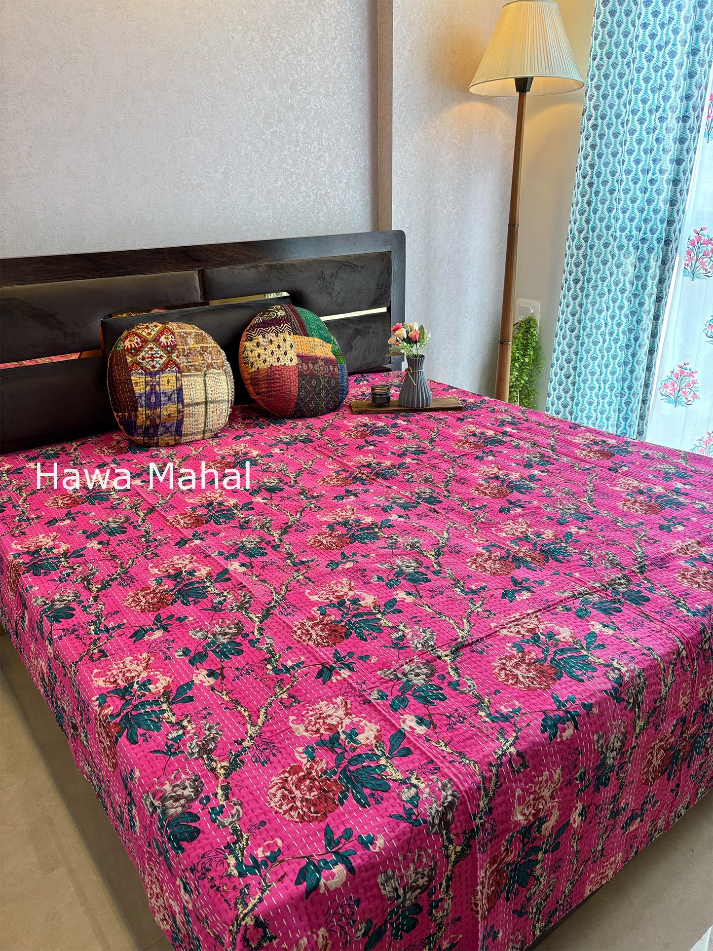 Pink Kantha Luxury Bedcover - 90x108 inch