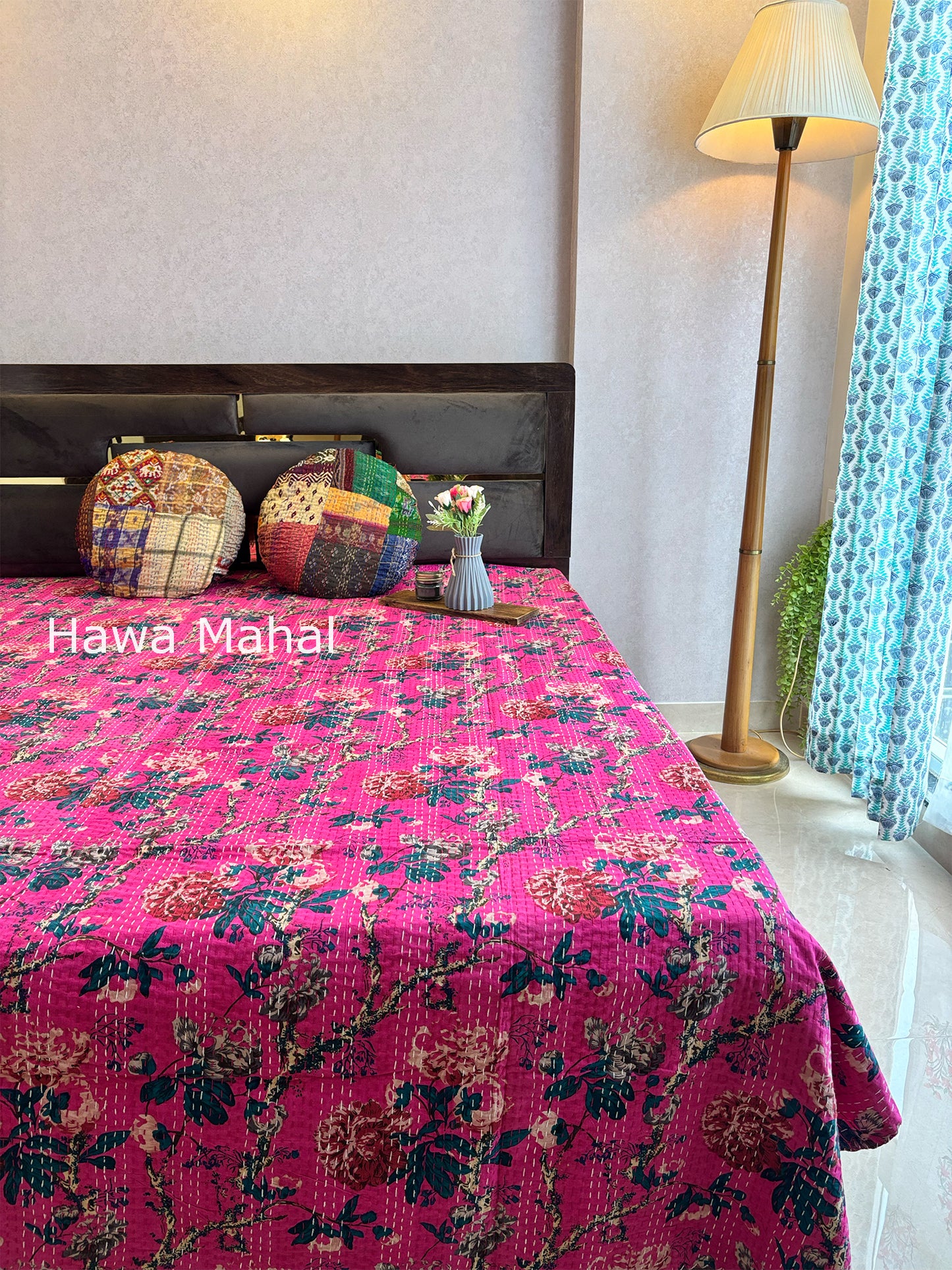 Pink Kantha Luxury Bedcover - 90x108 inch