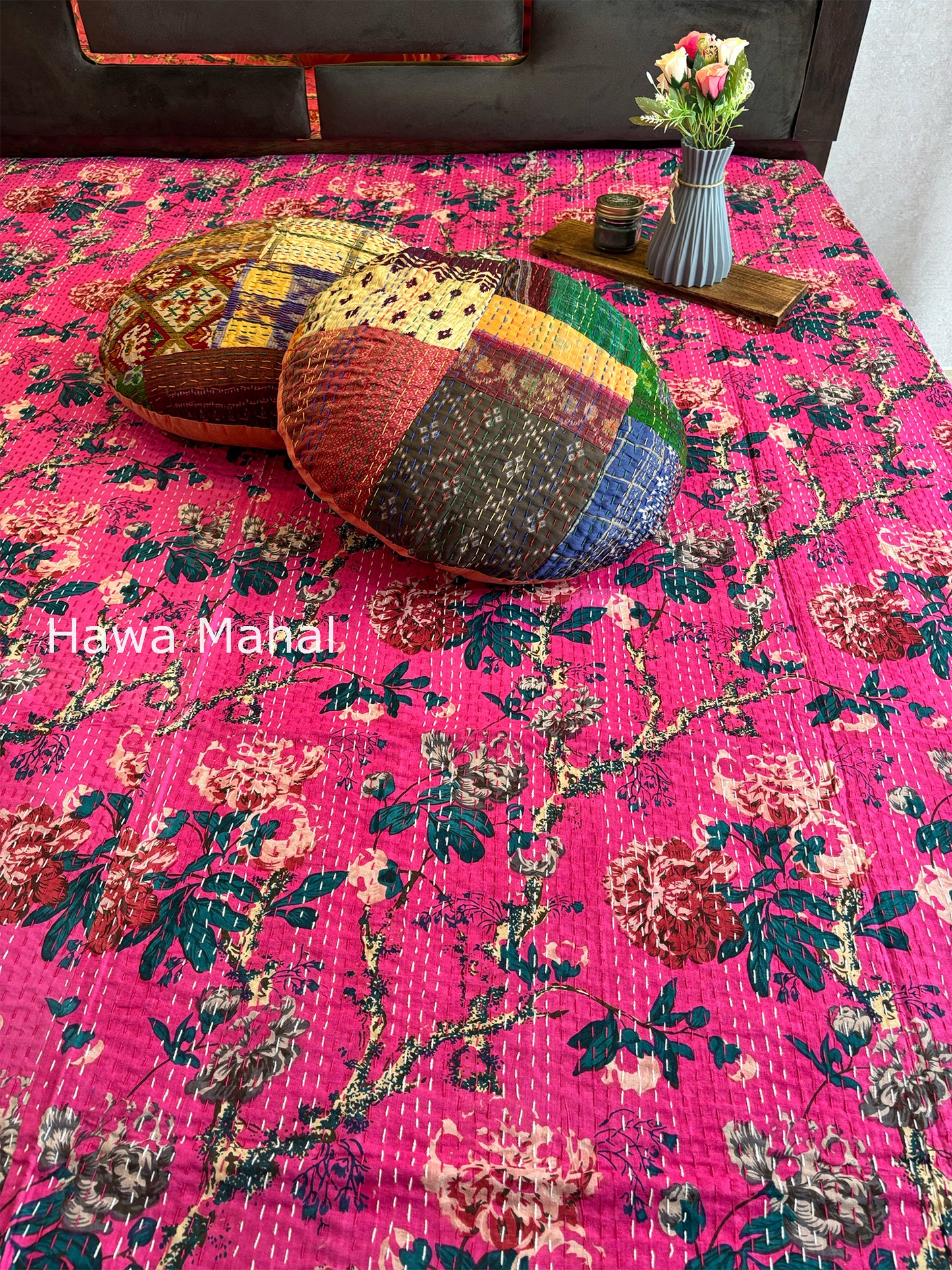 Pink Kantha Luxury Bedcover - 90x108 inch
