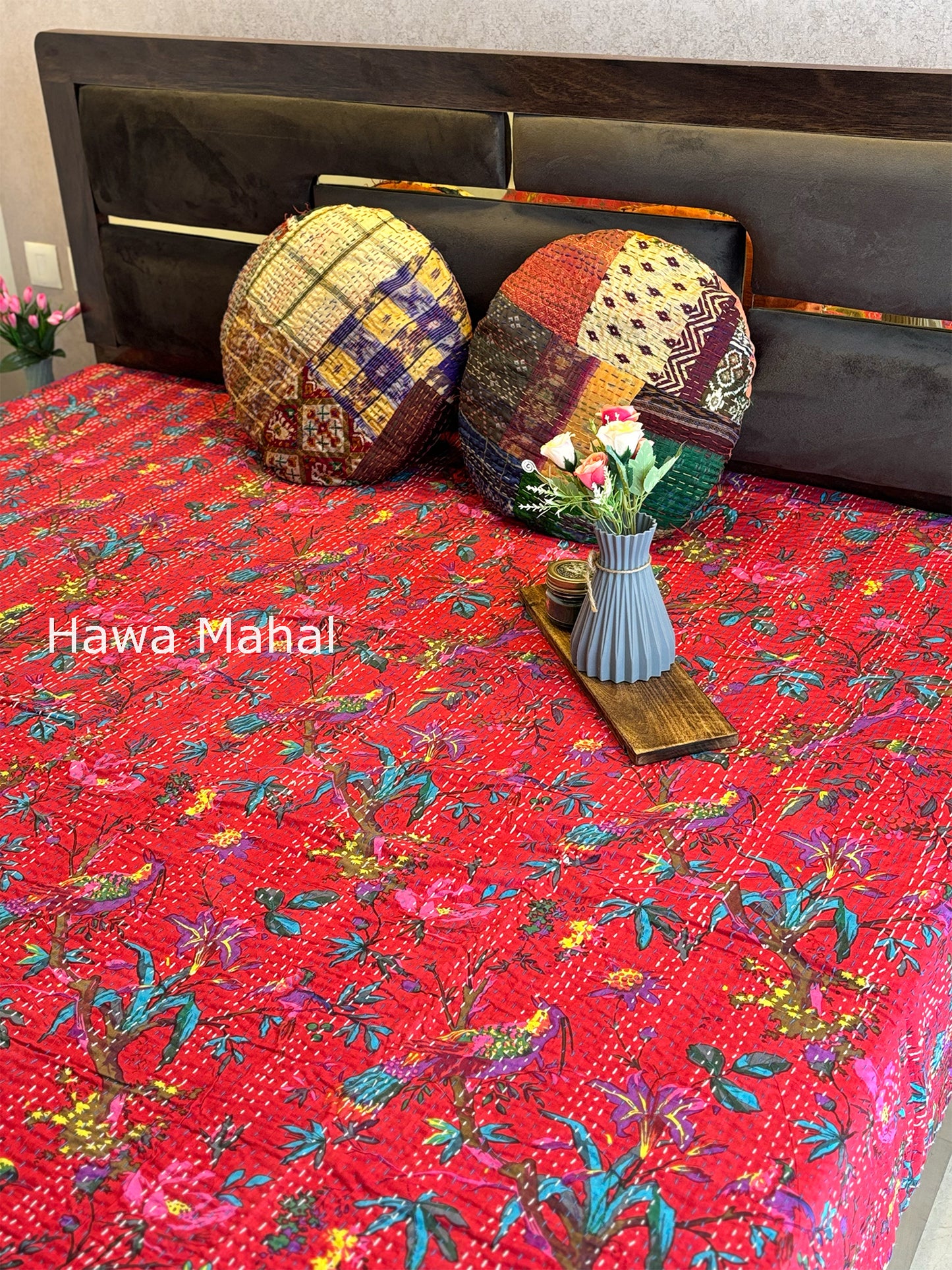 Red Kantha Luxury Bedcover - 90x108 inch