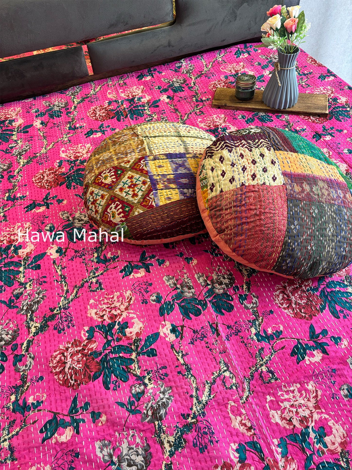 Pink Kantha Luxury Bedcover - 90x108 inch