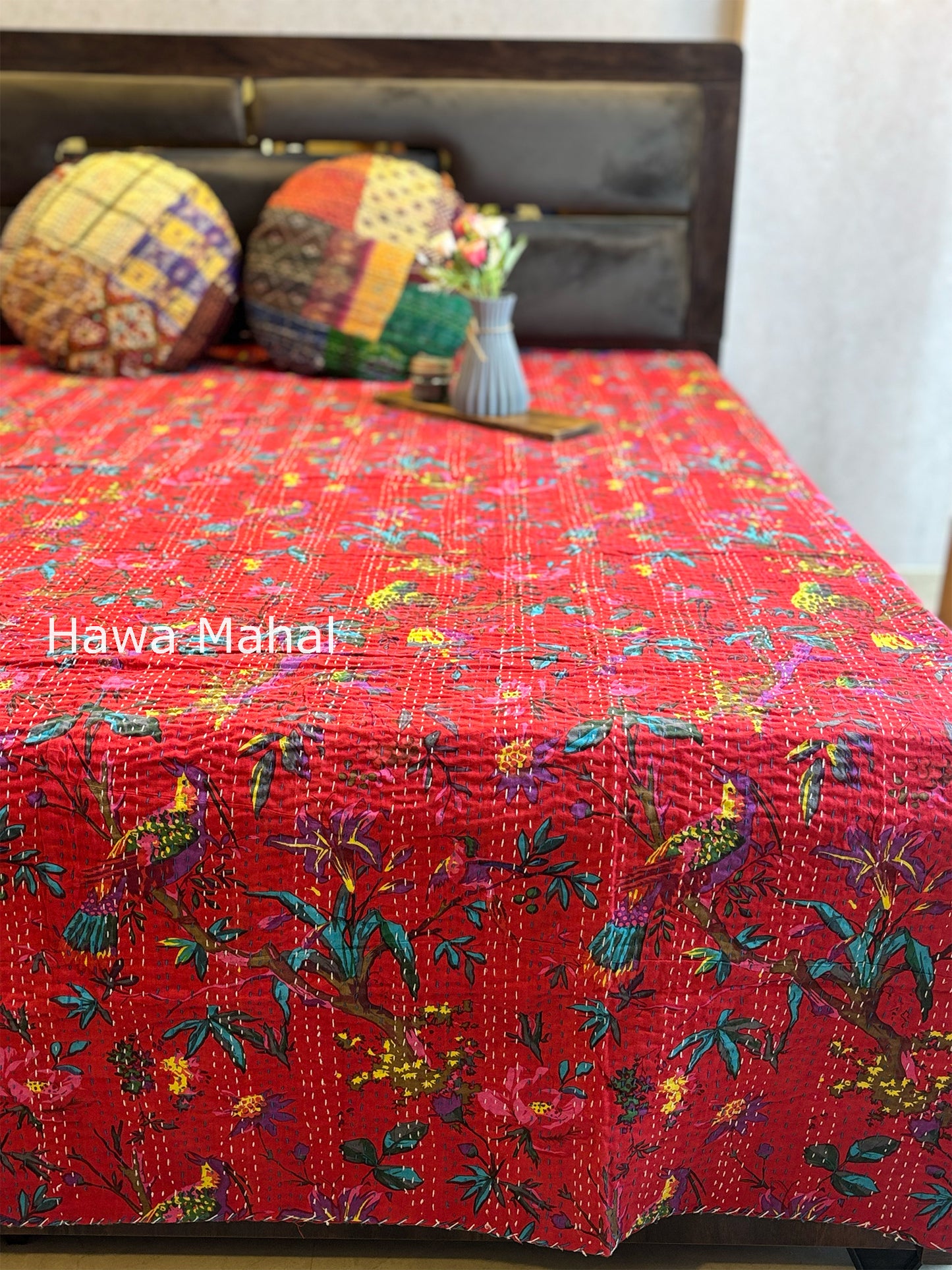 Red Kantha Luxury Bedcover - 90x108 inch