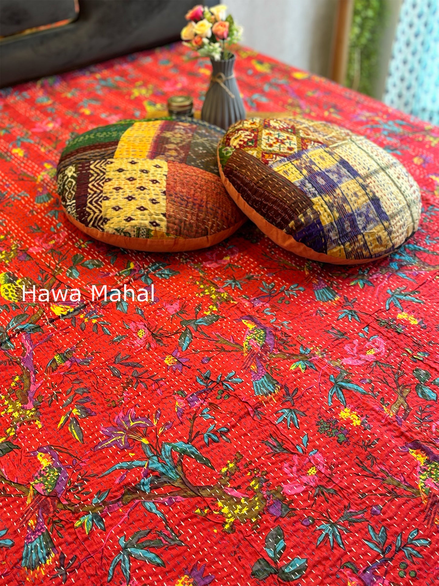 Red Kantha Luxury Bedcover - 90x108 inch