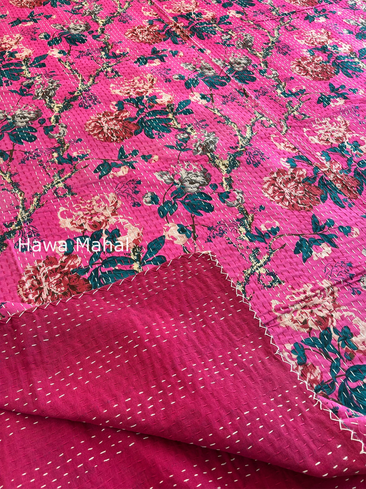 Pink Kantha Luxury Bedcover - 90x108 inch