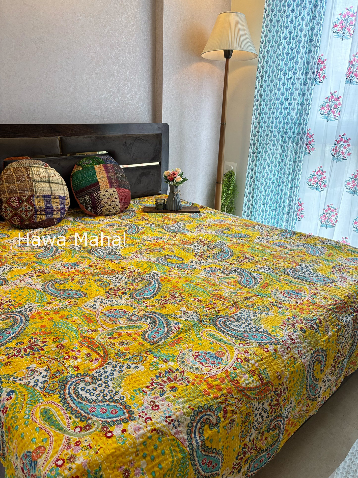 Yellow Kantha Luxury Bedcover - 90x108 inch