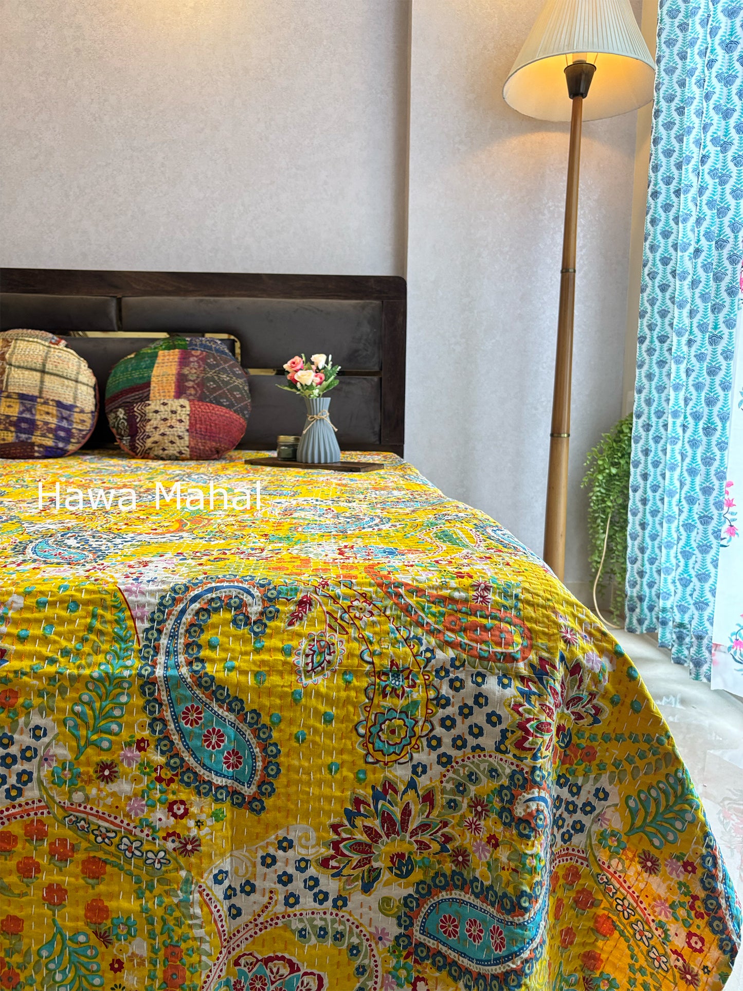 Yellow Kantha Luxury Bedcover - 90x108 inch