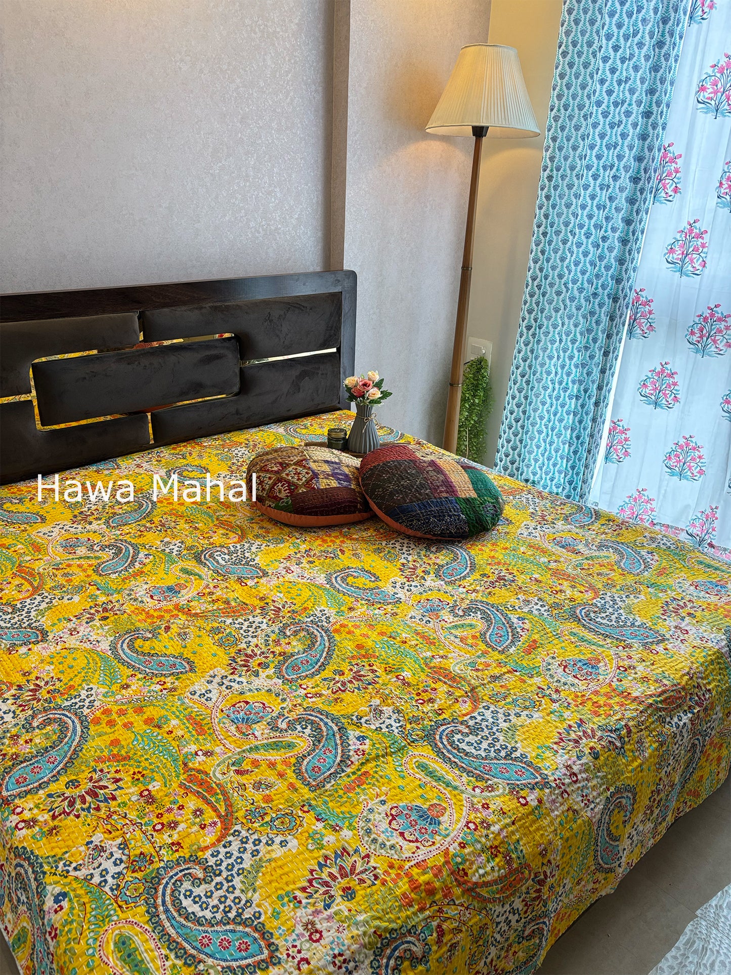 Yellow Kantha Luxury Bedcover - 90x108 inch