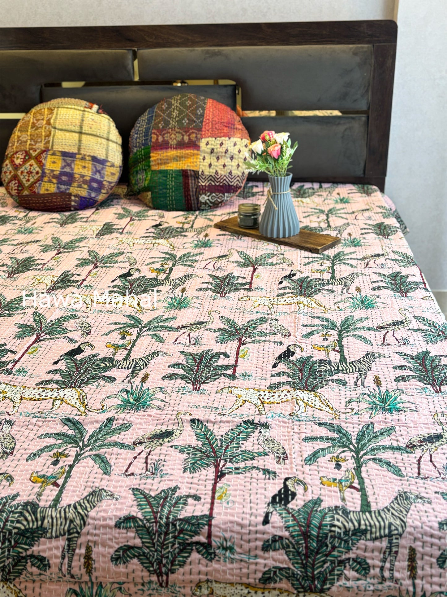 Light Pink Kantha Luxury Bedcover - 90x108 inch