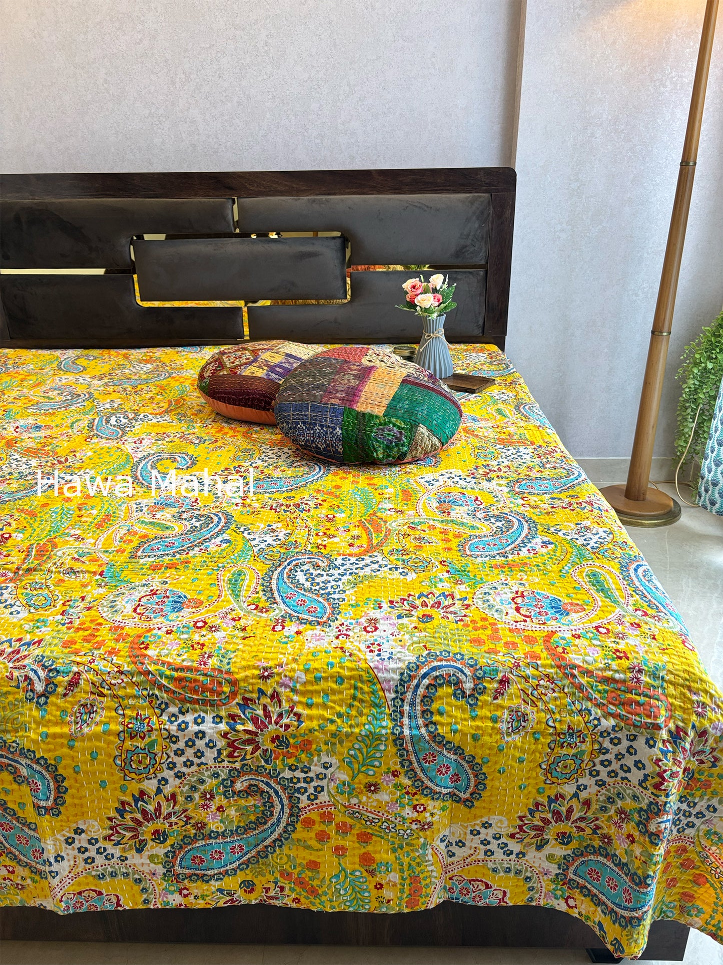 Yellow Kantha Luxury Bedcover - 90x108 inch