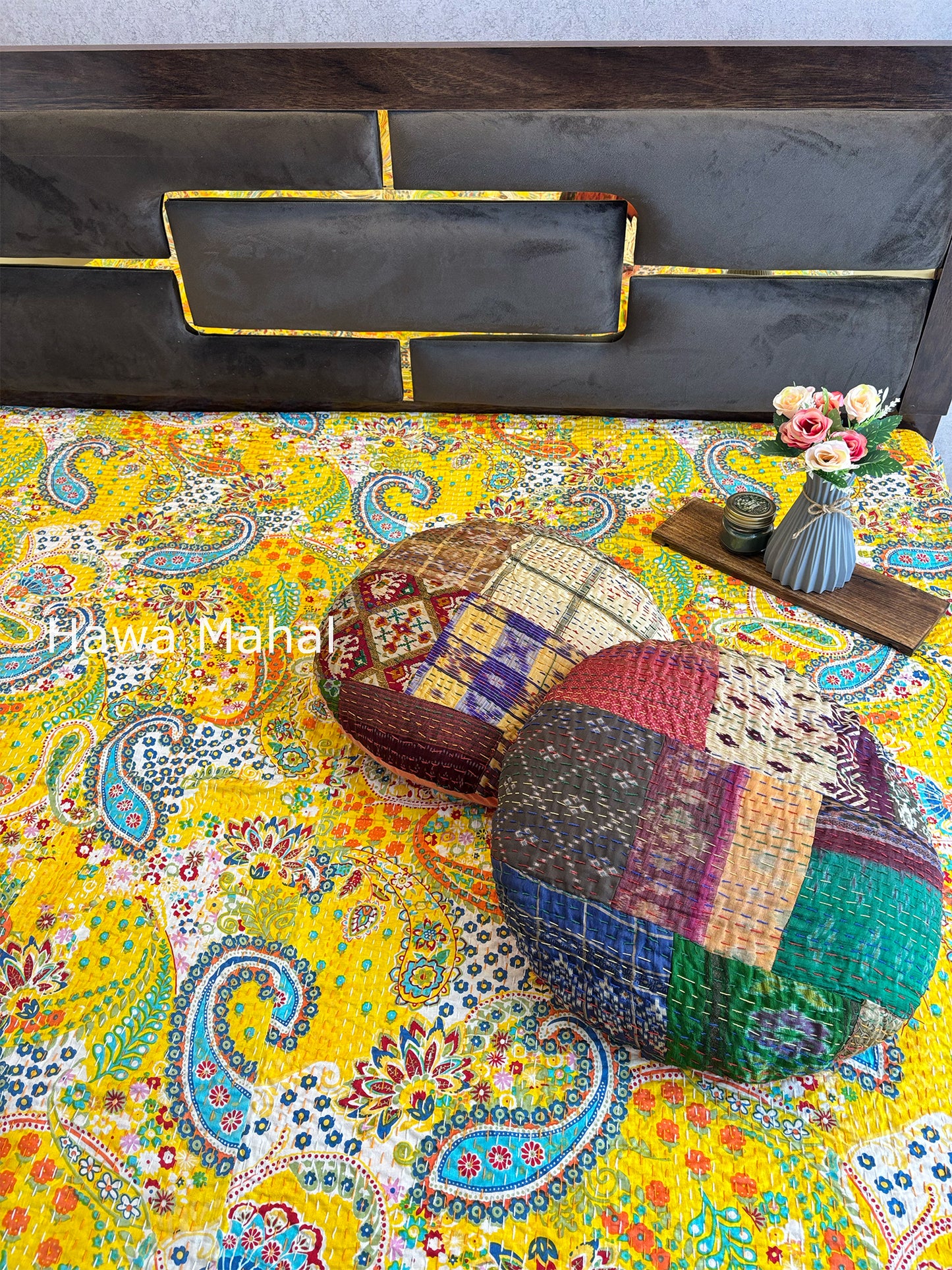 Yellow Kantha Luxury Bedcover - 90x108 inch