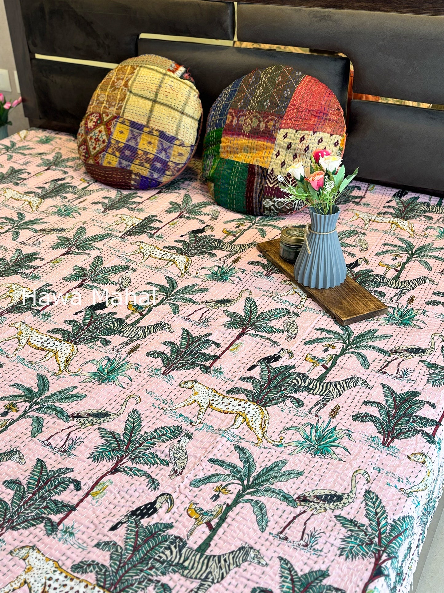 Light Pink Kantha Luxury Bedcover - 90x108 inch
