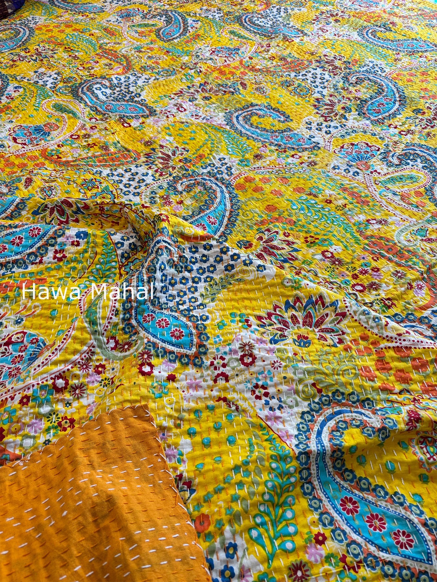 Yellow Kantha Luxury Bedcover - 90x108 inch