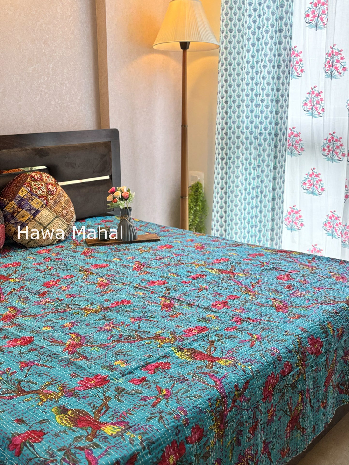 Turquoise Kantha Luxury Bedcover - 90x108 inch