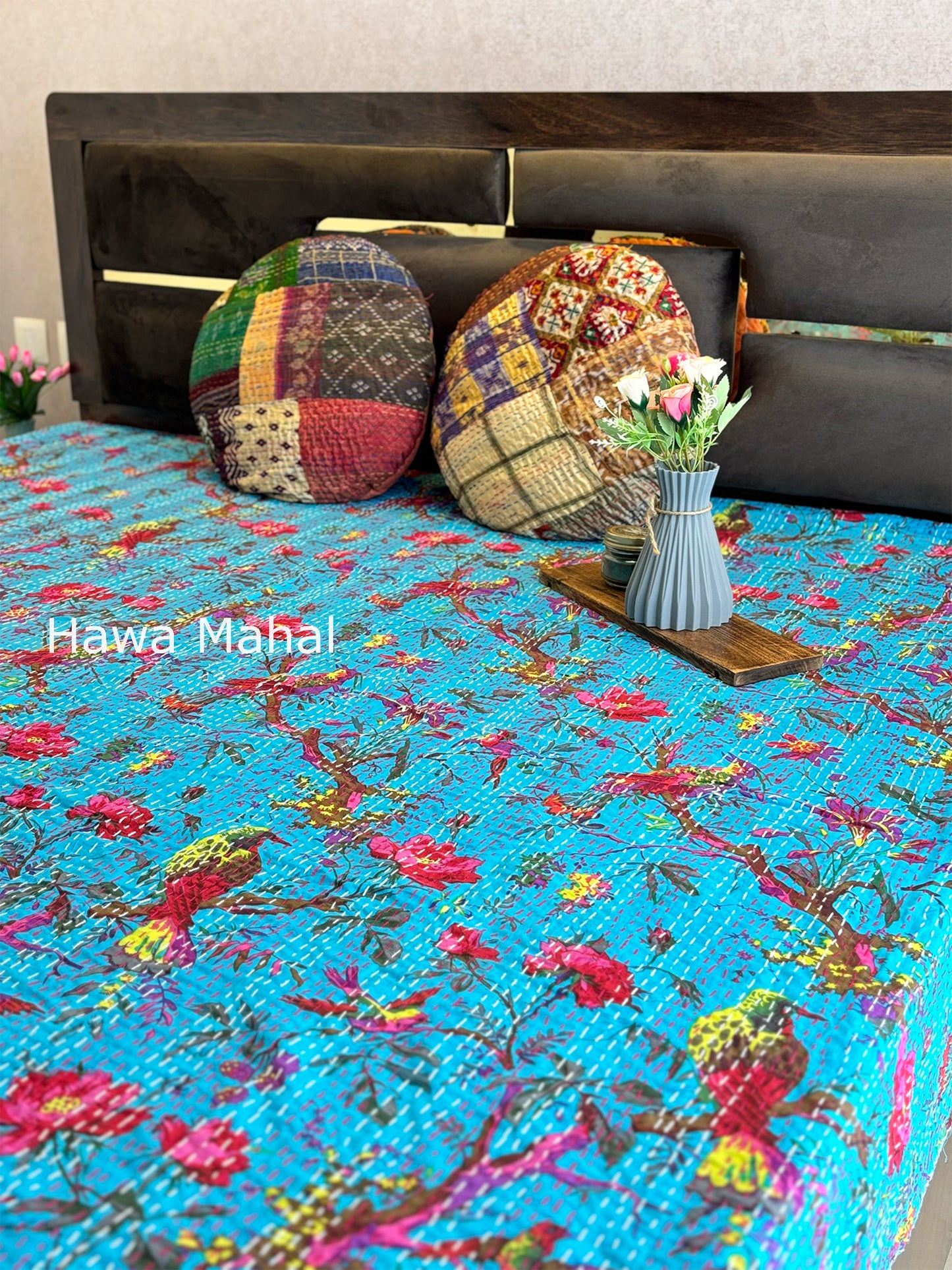 Turquoise Kantha Luxury Bedcover - 90x108 inch
