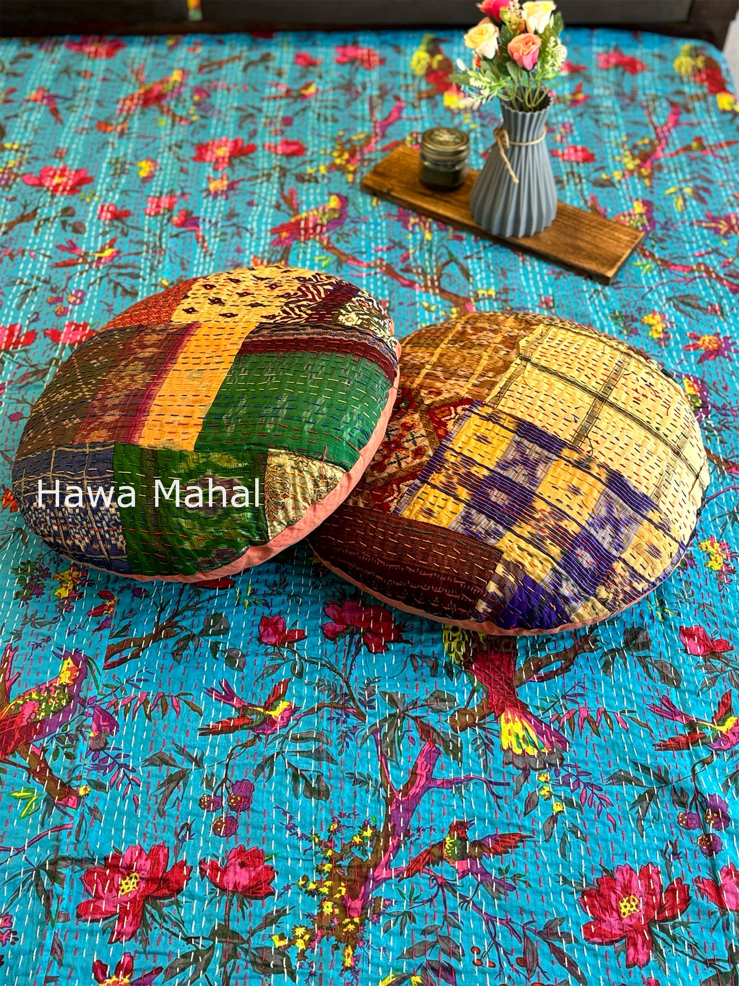 Turquoise Kantha Luxury Bedcover - 90x108 inch