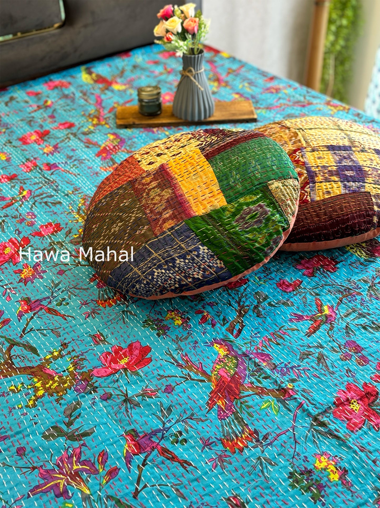 Turquoise Kantha Luxury Bedcover - 90x108 inch