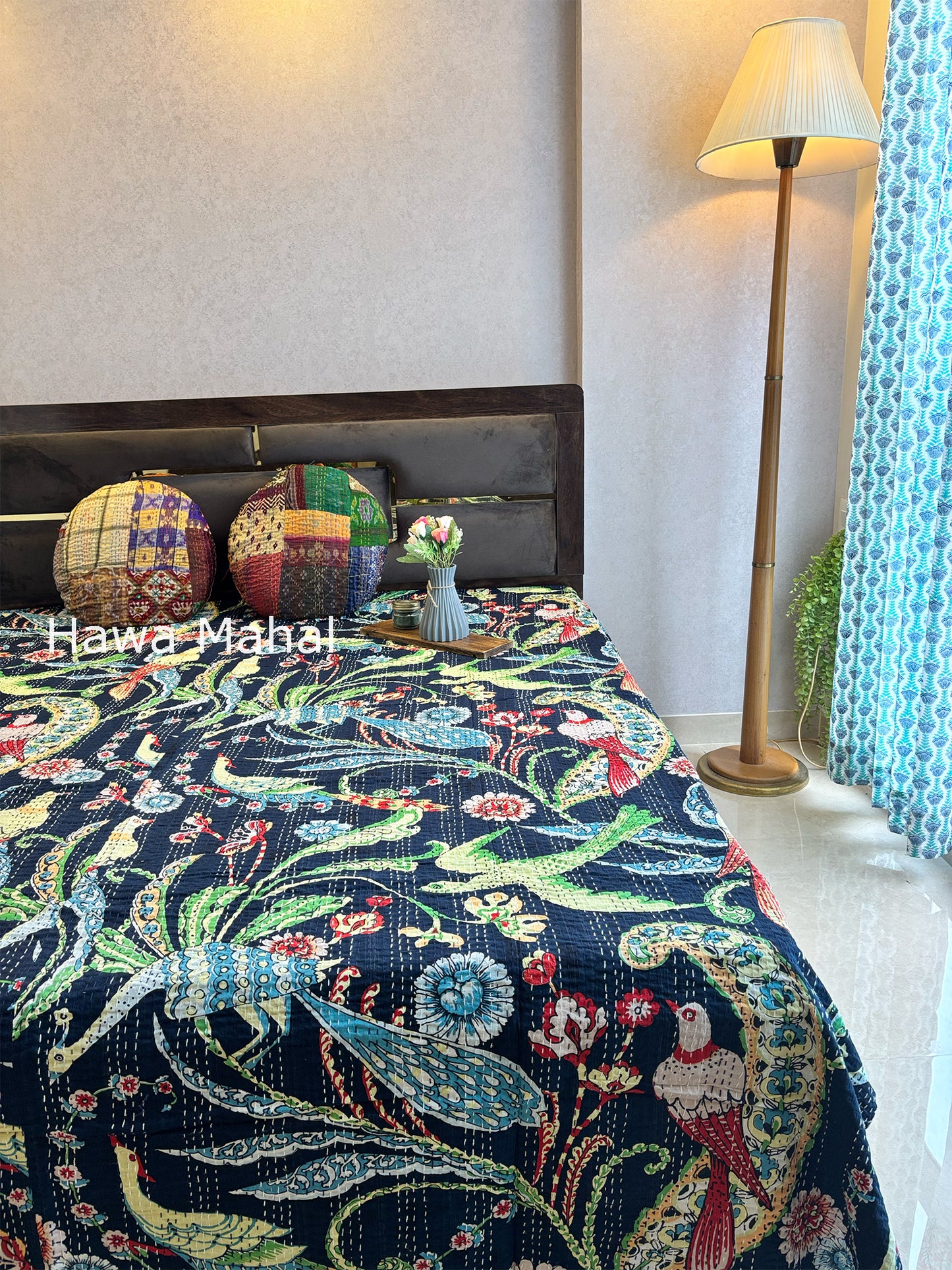 Navy Kantha Luxury Bedcover - 90x108 inch
