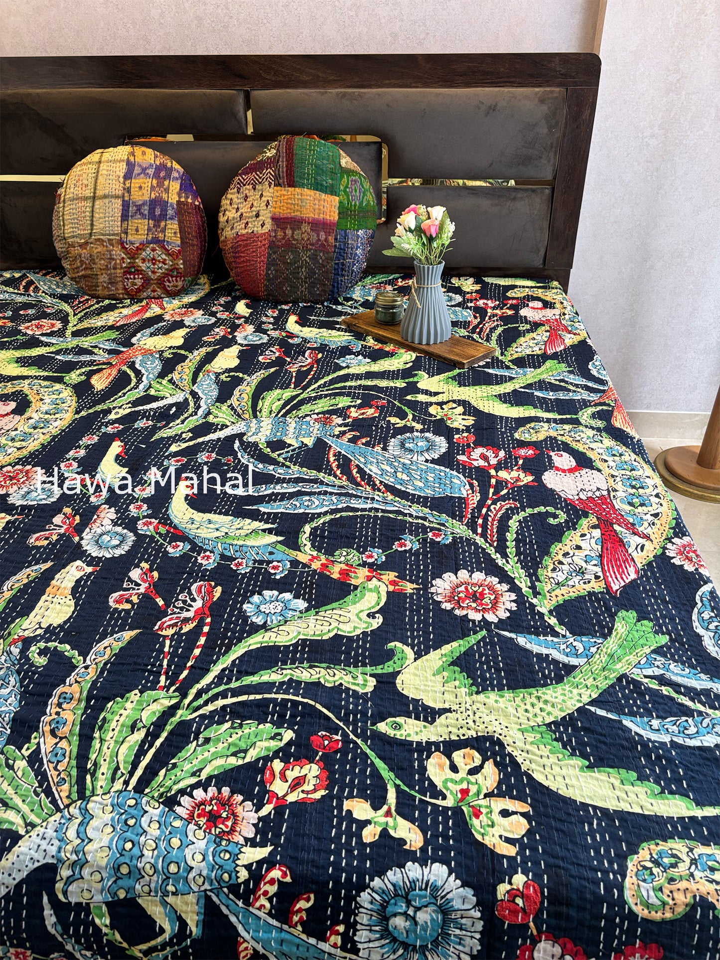 Navy Kantha Luxury Bedcover - 90x108 inch