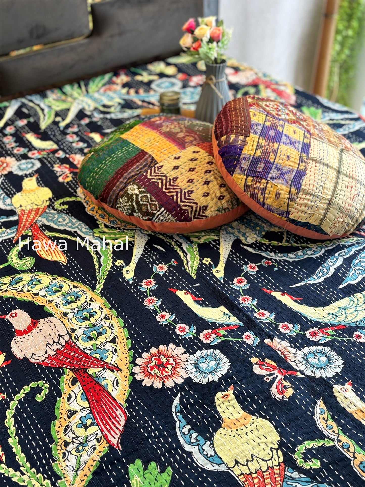Navy Kantha Luxury Bedcover - 90x108 inch