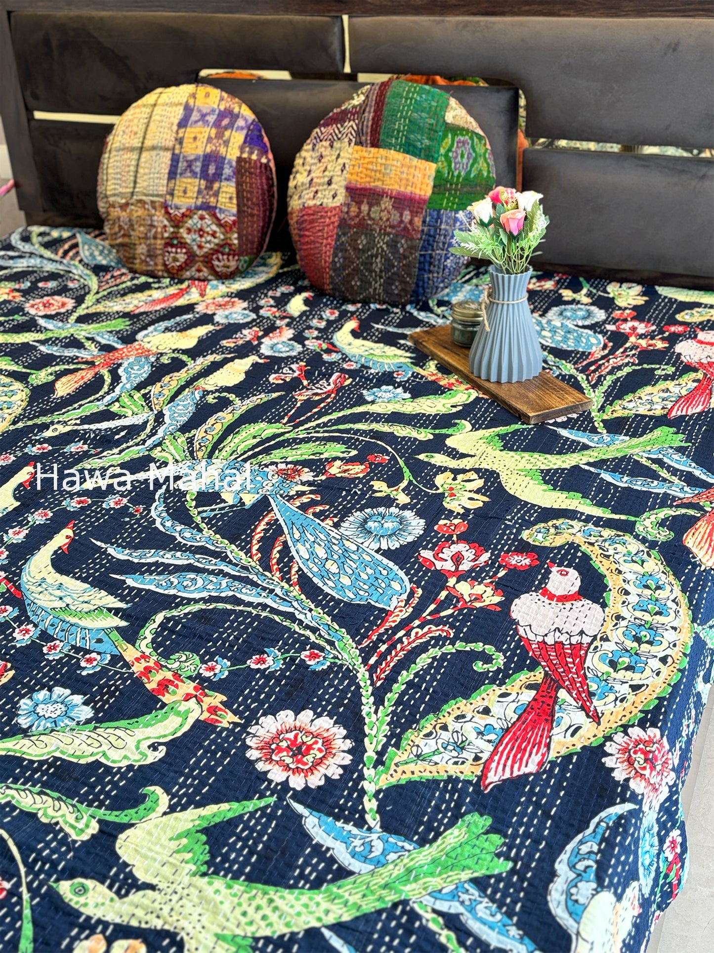 Navy Kantha Luxury Bedcover - 90x108 inch
