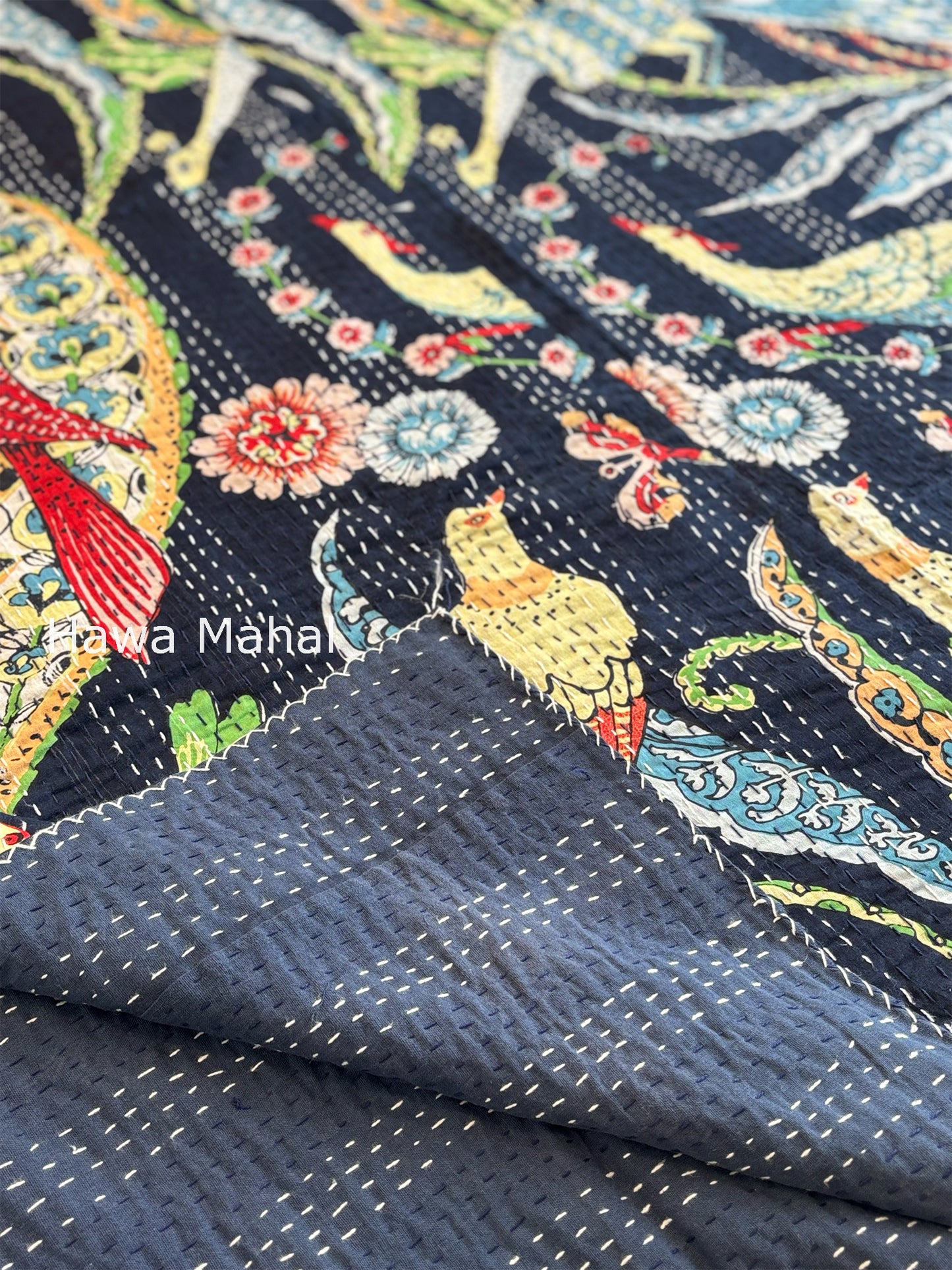 Navy Kantha Luxury Bedcover - 90x108 inch