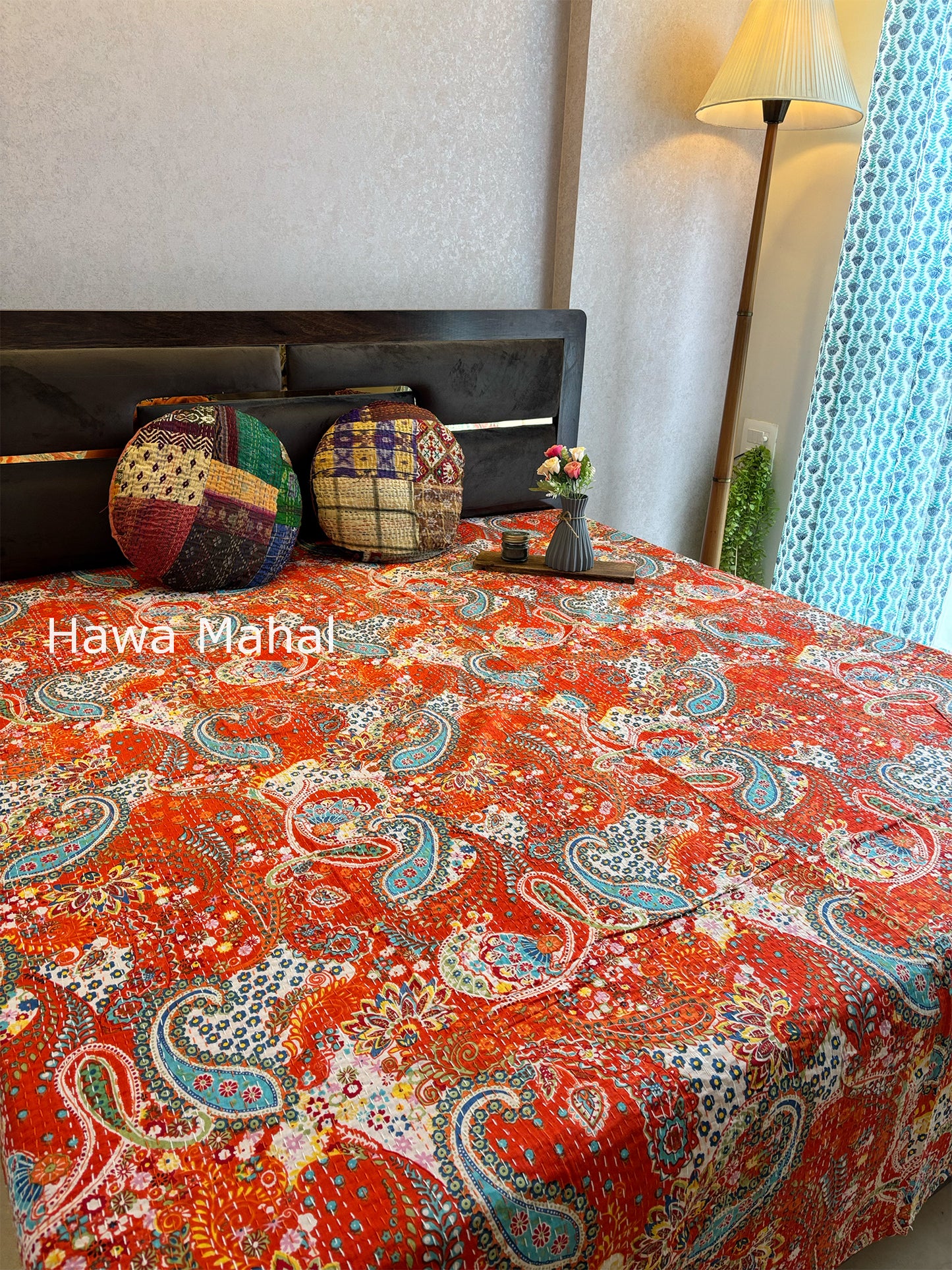 Orange Kantha Luxury Bedcover - 90x108 inch