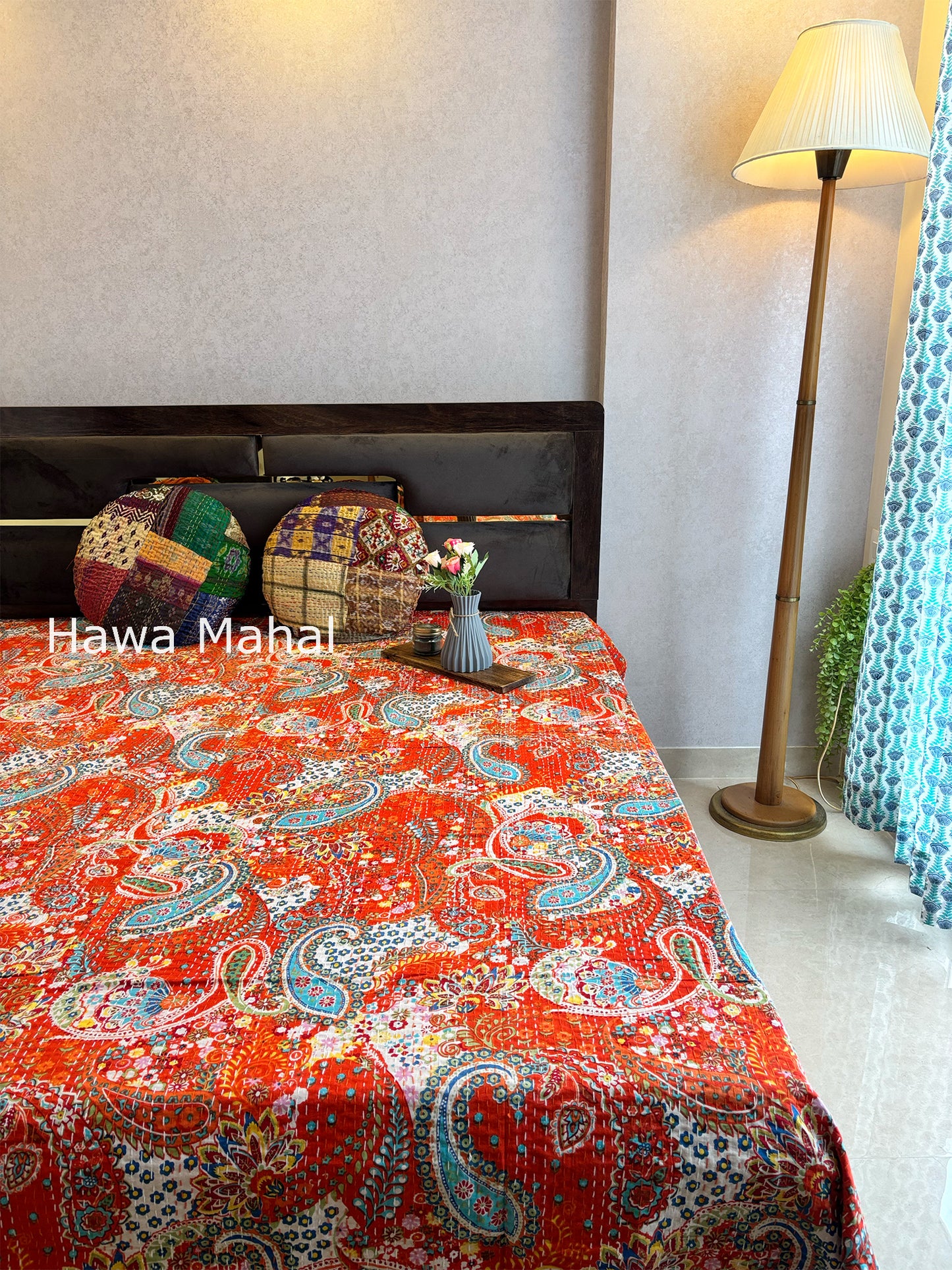 Orange Kantha Luxury Bedcover - 90x108 inch