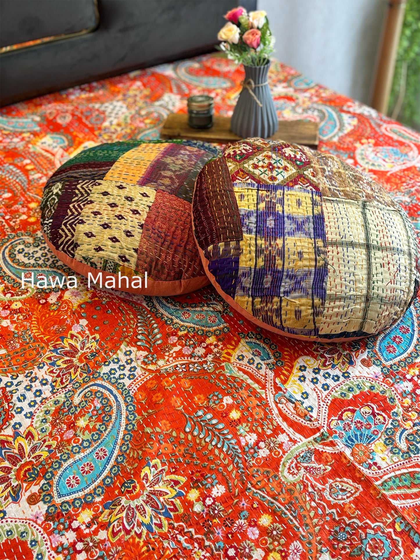Orange Kantha Luxury Bedcover - 90x108 inch