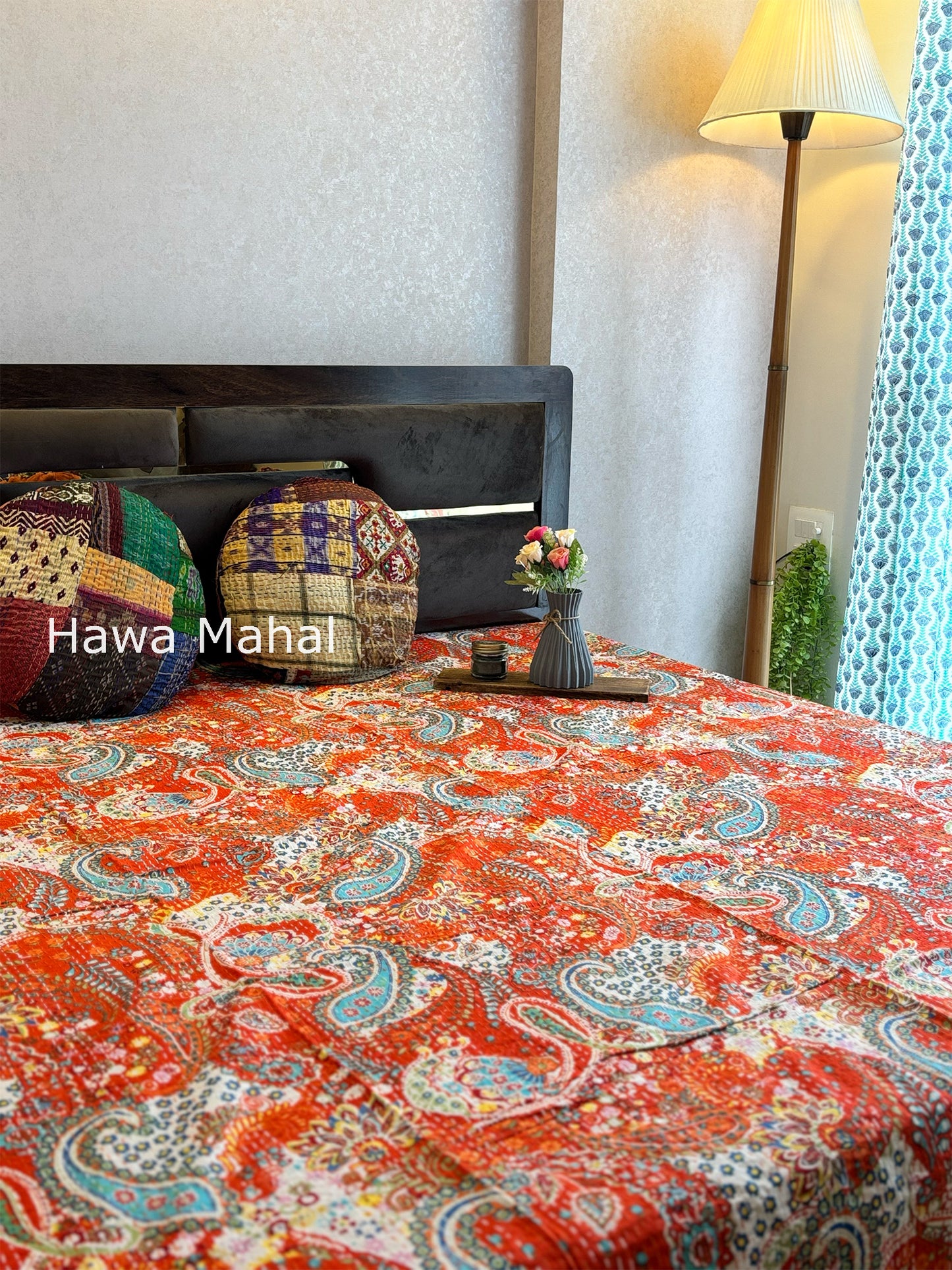 Orange Kantha Luxury Bedcover - 90x108 inch