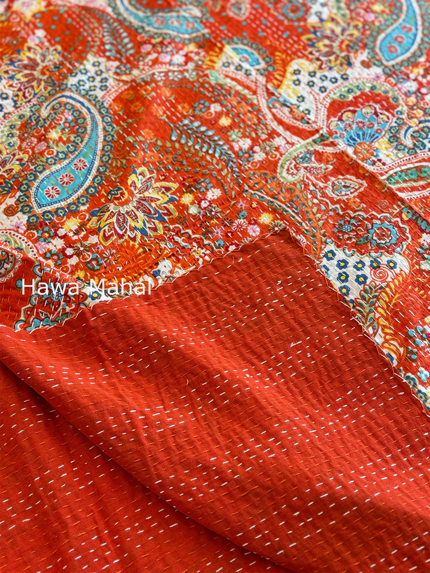 Orange Kantha Luxury Bedcover - 90x108 inch