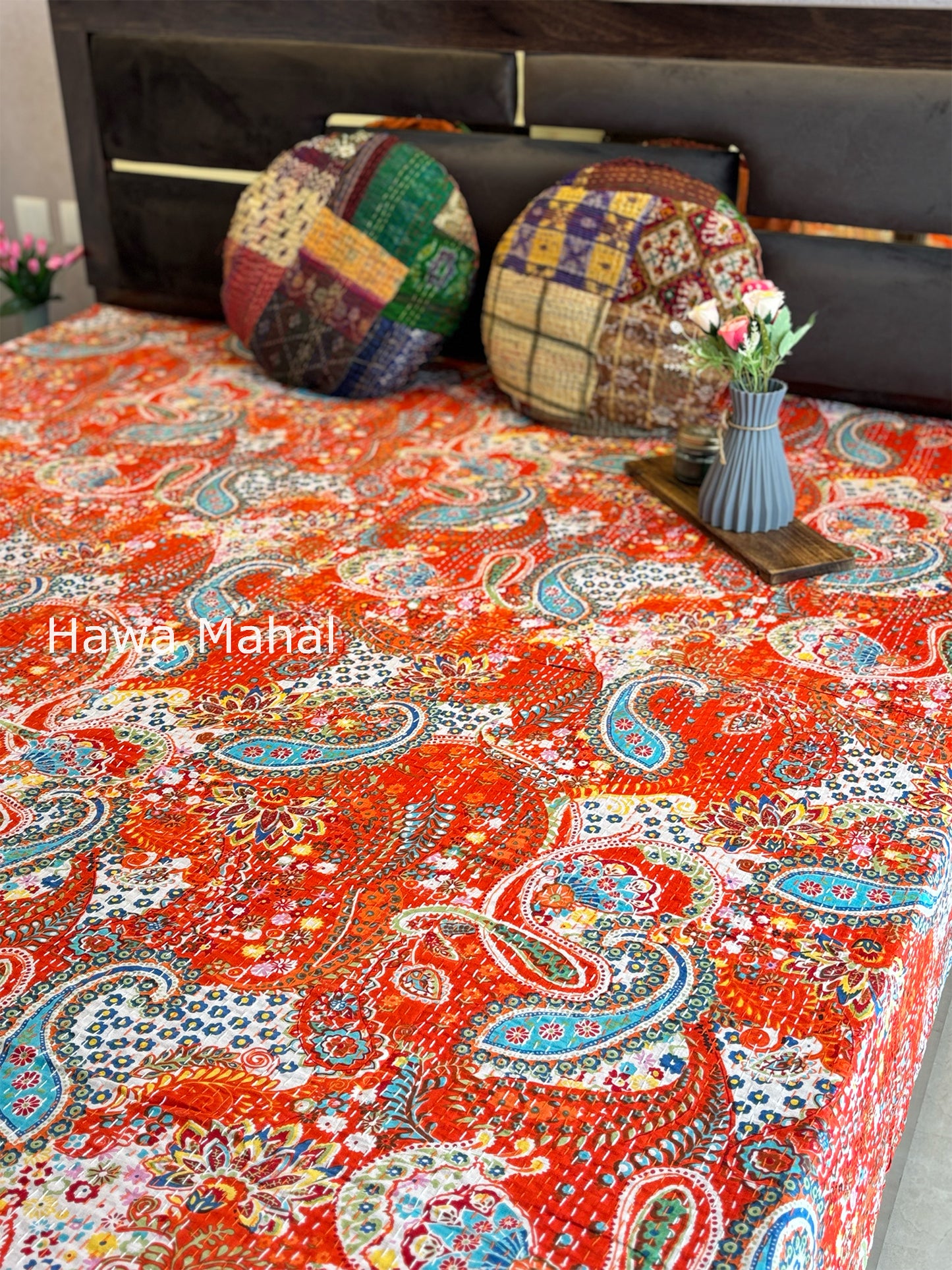 Orange Kantha Luxury Bedcover - 90x108 inch