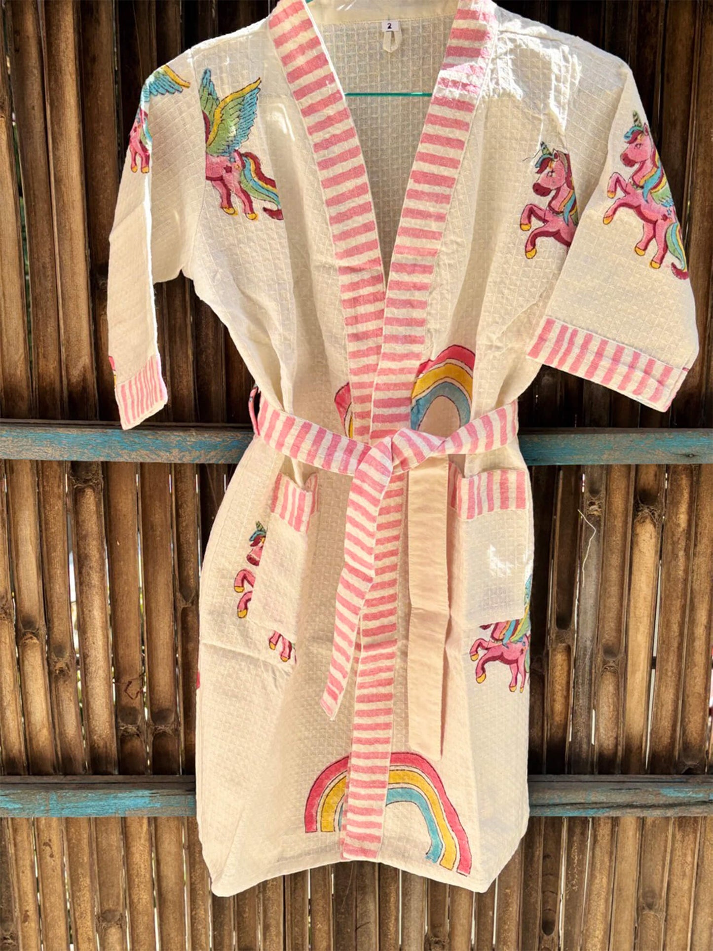 Hand Block Printed Kids Waffle Cotton Bathrobe - Unicorn