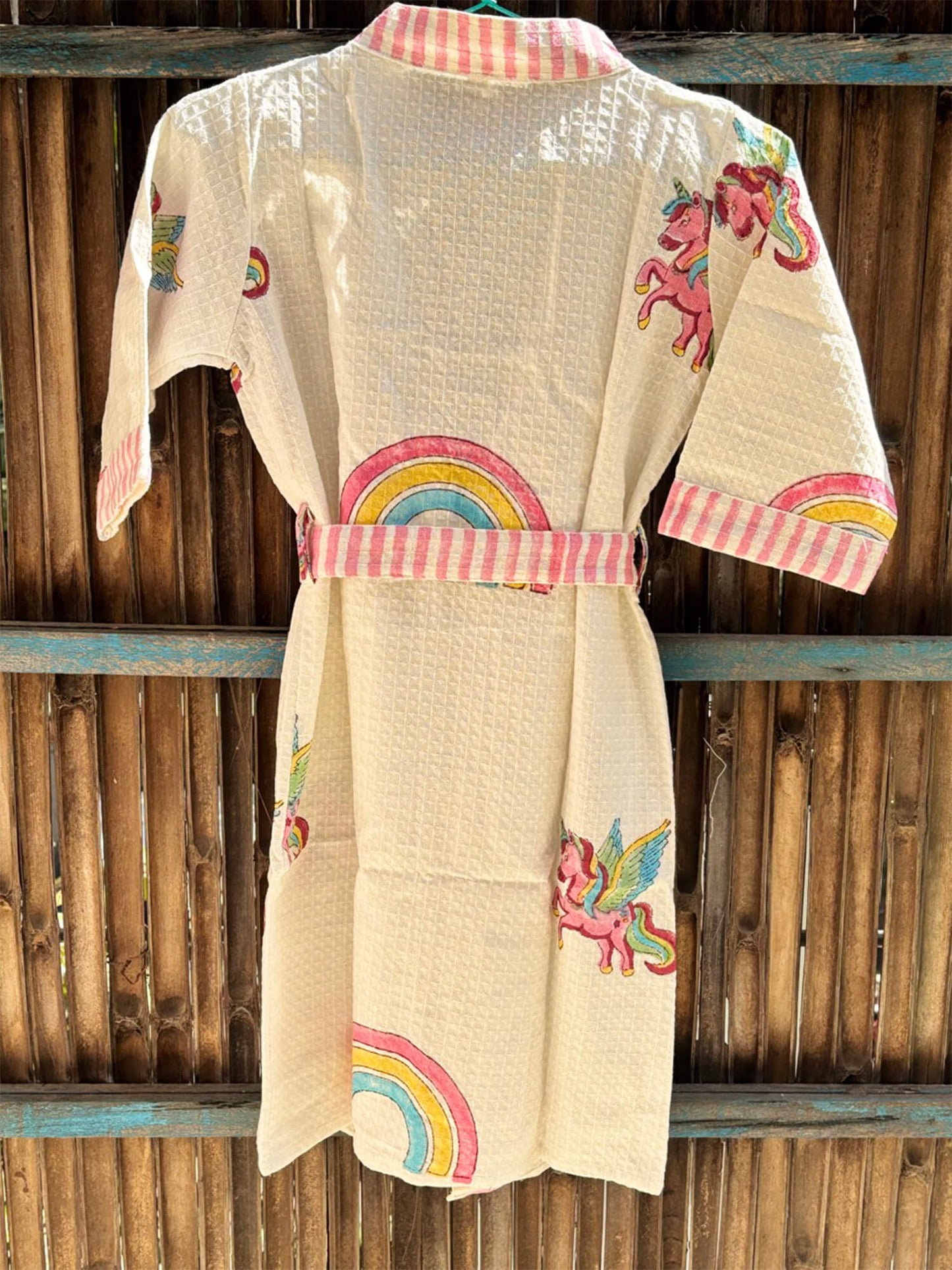 Hand Block Printed Kids Waffle Cotton Bathrobe - Unicorn