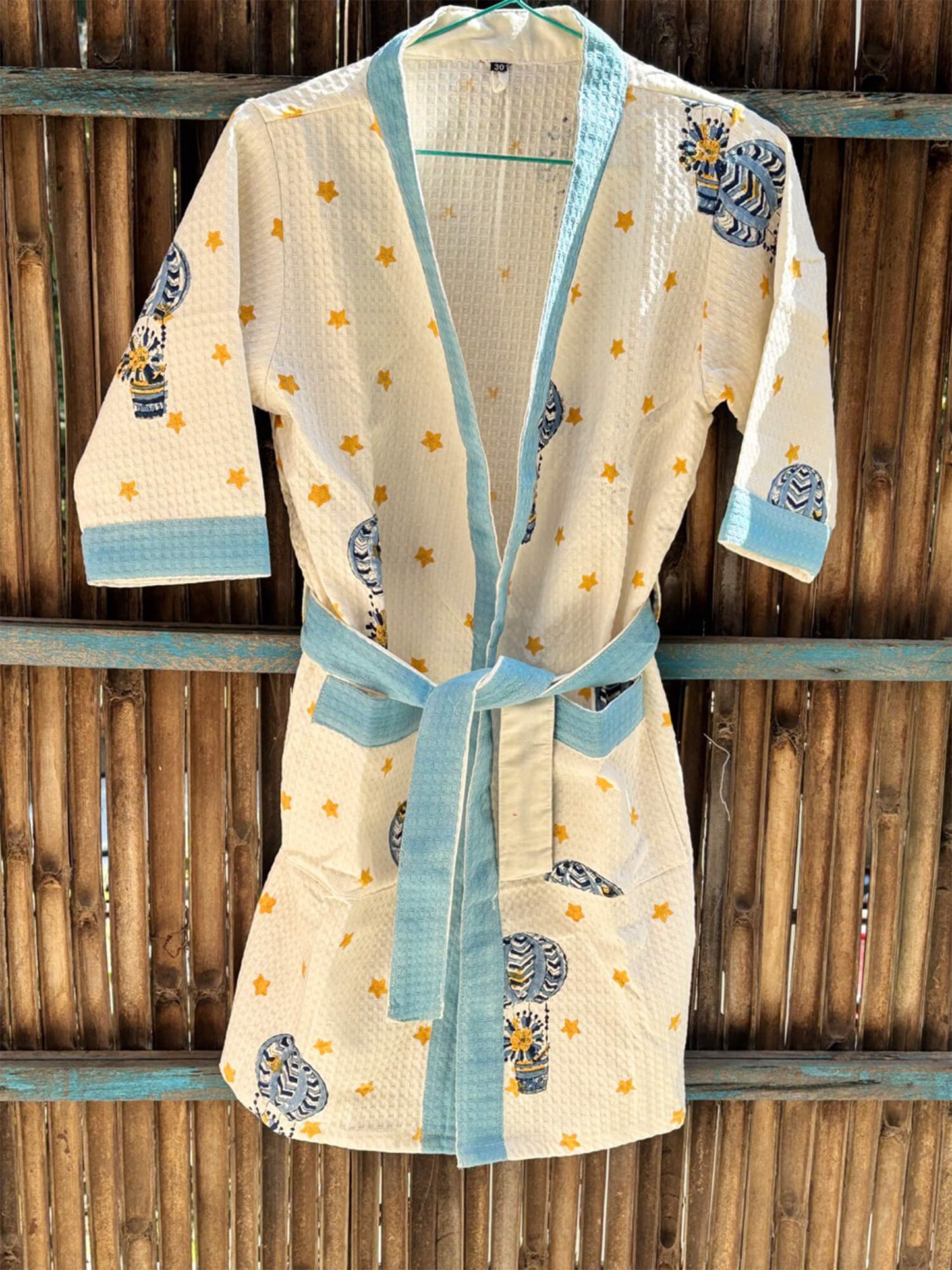Hand Block Printed Kids Waffle Cotton Bathrobe - Blue Balloon