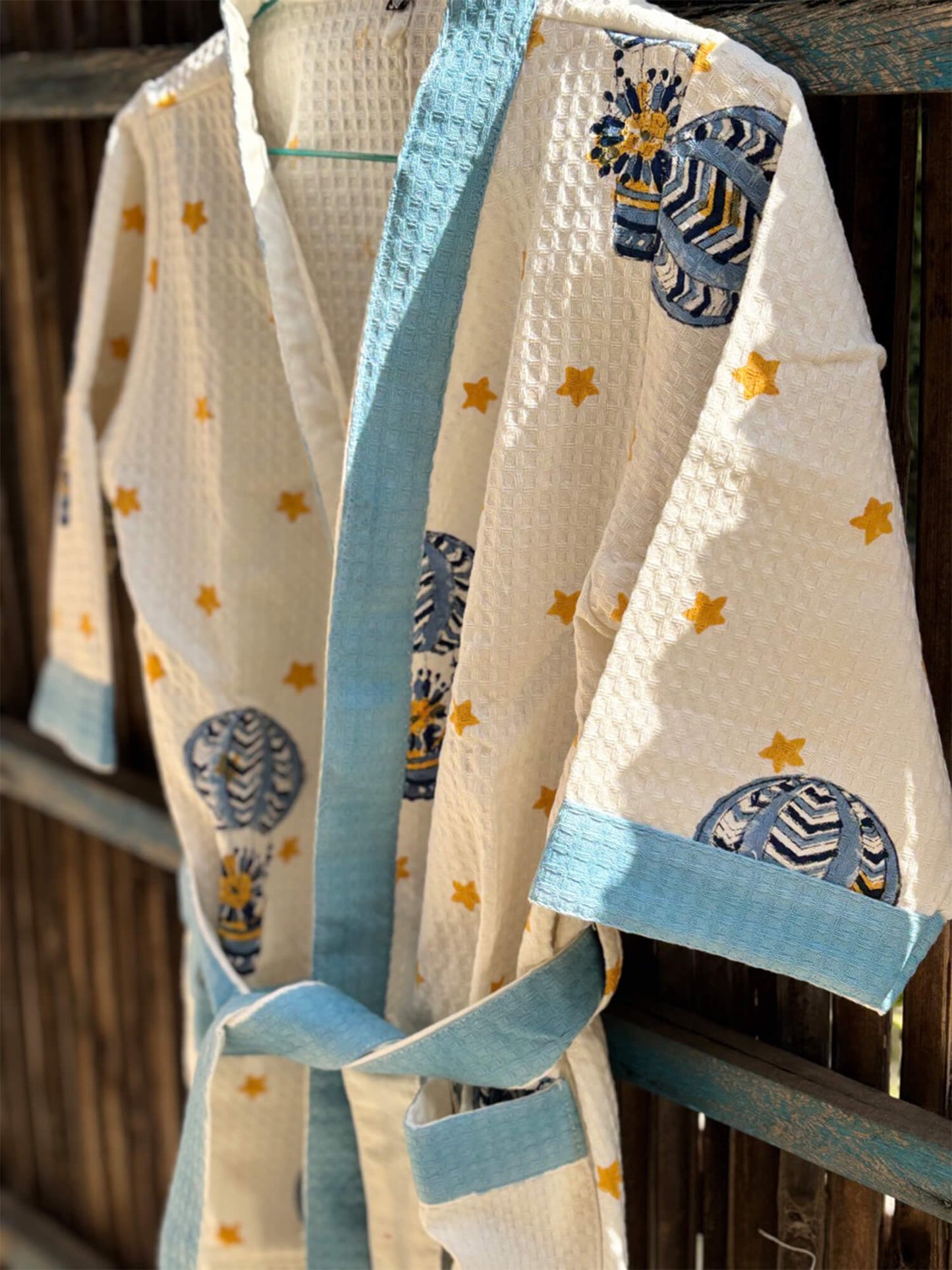 Hand Block Printed Kids Waffle Cotton Bathrobe - Blue Balloon