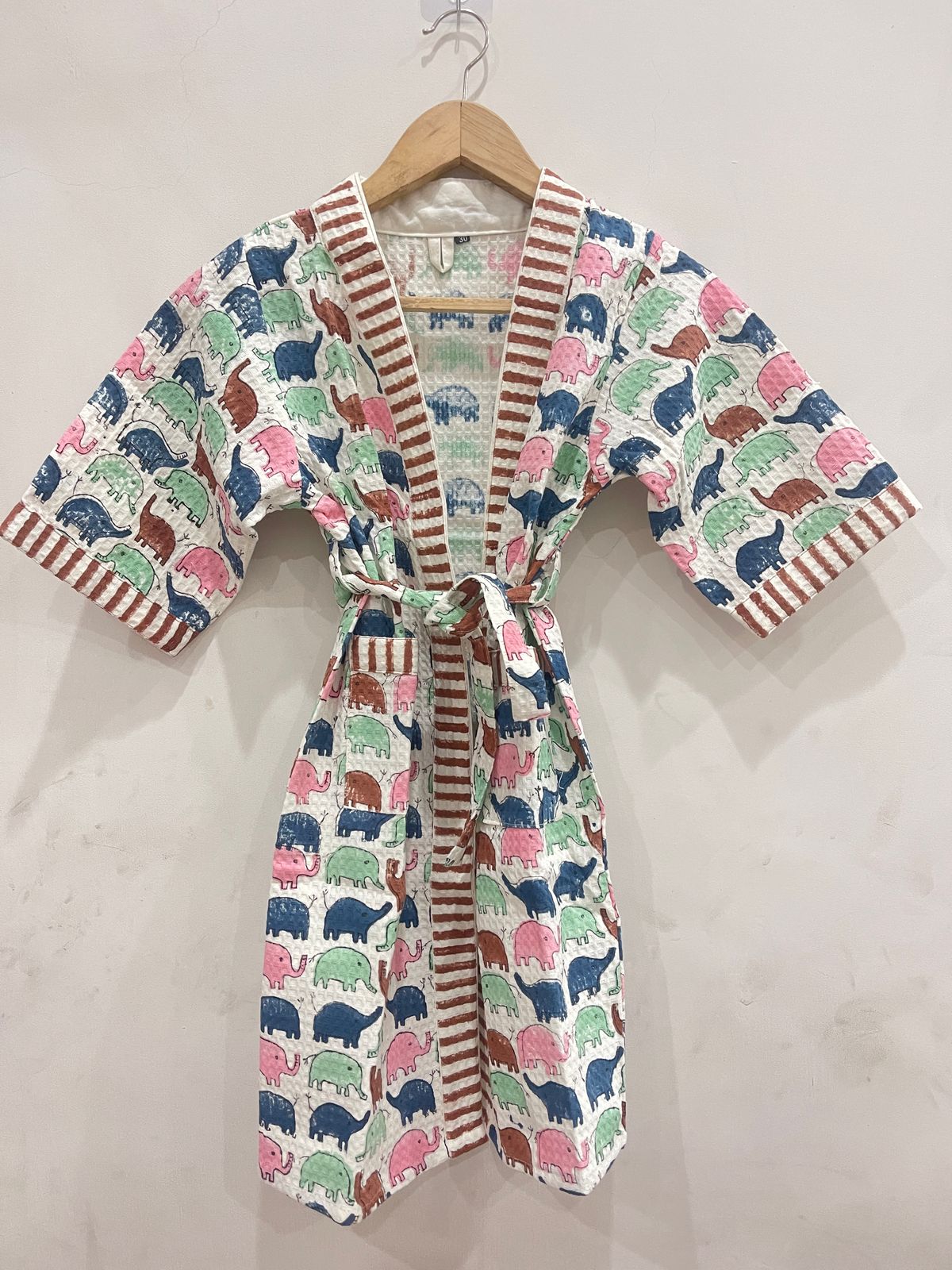 Hand Block Printed Kids Waffle Cotton Bathrobe - Elephants