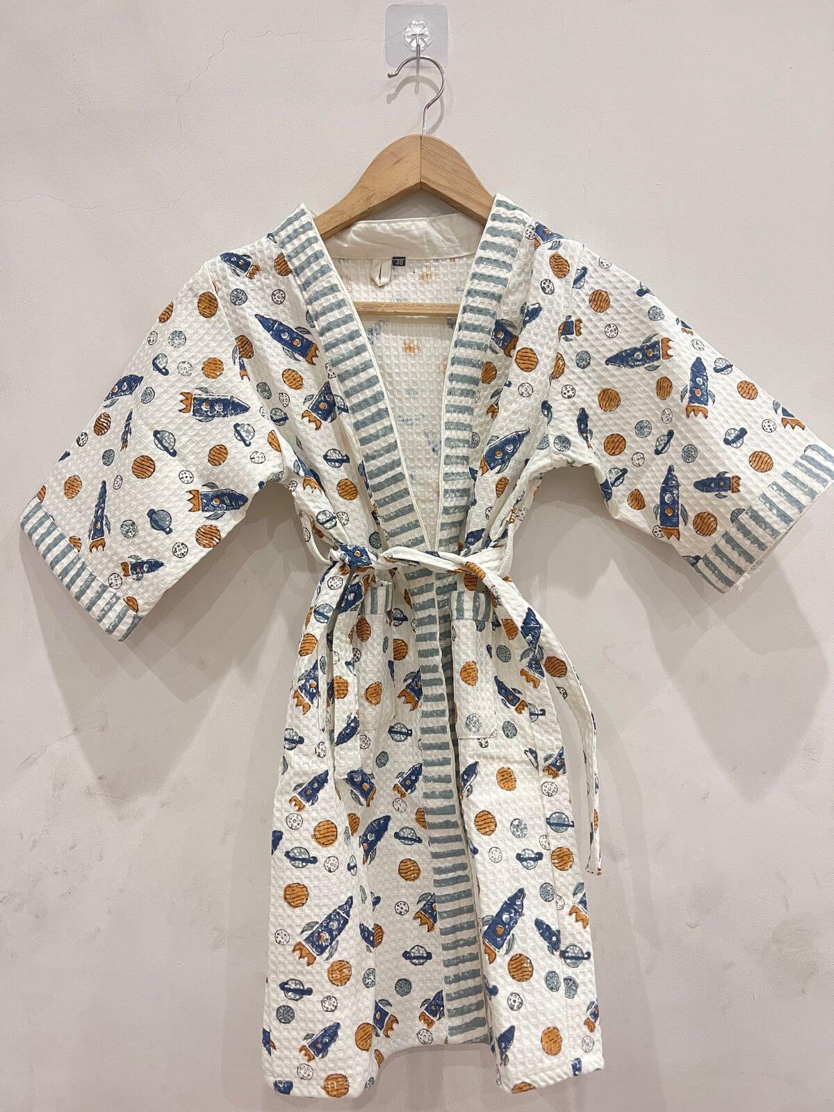 Hand Block Printed Kids Waffle Cotton Bathrobe - Space