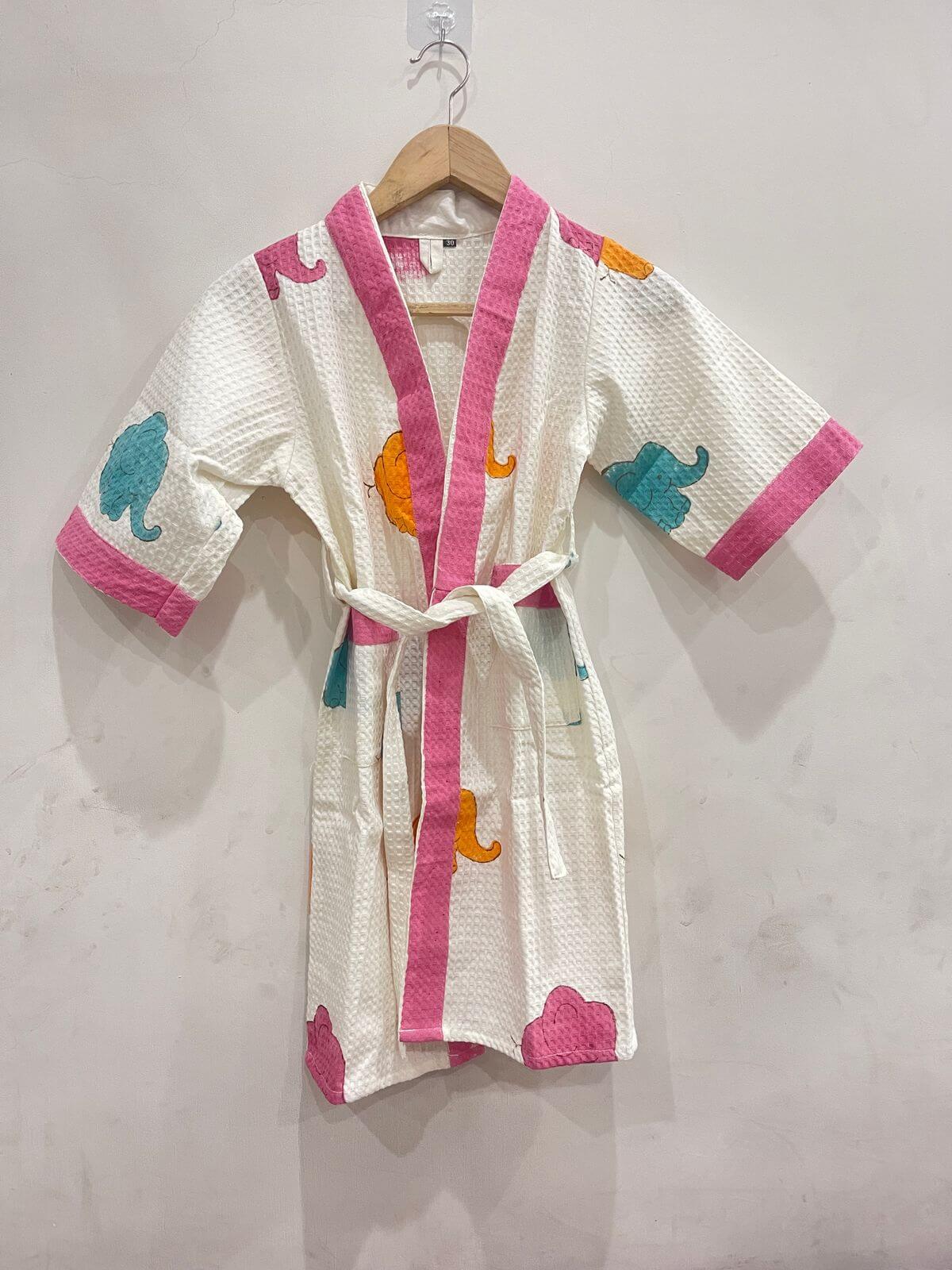 Hand Block Printed Kids Waffle Cotton Bathrobe - Elephants