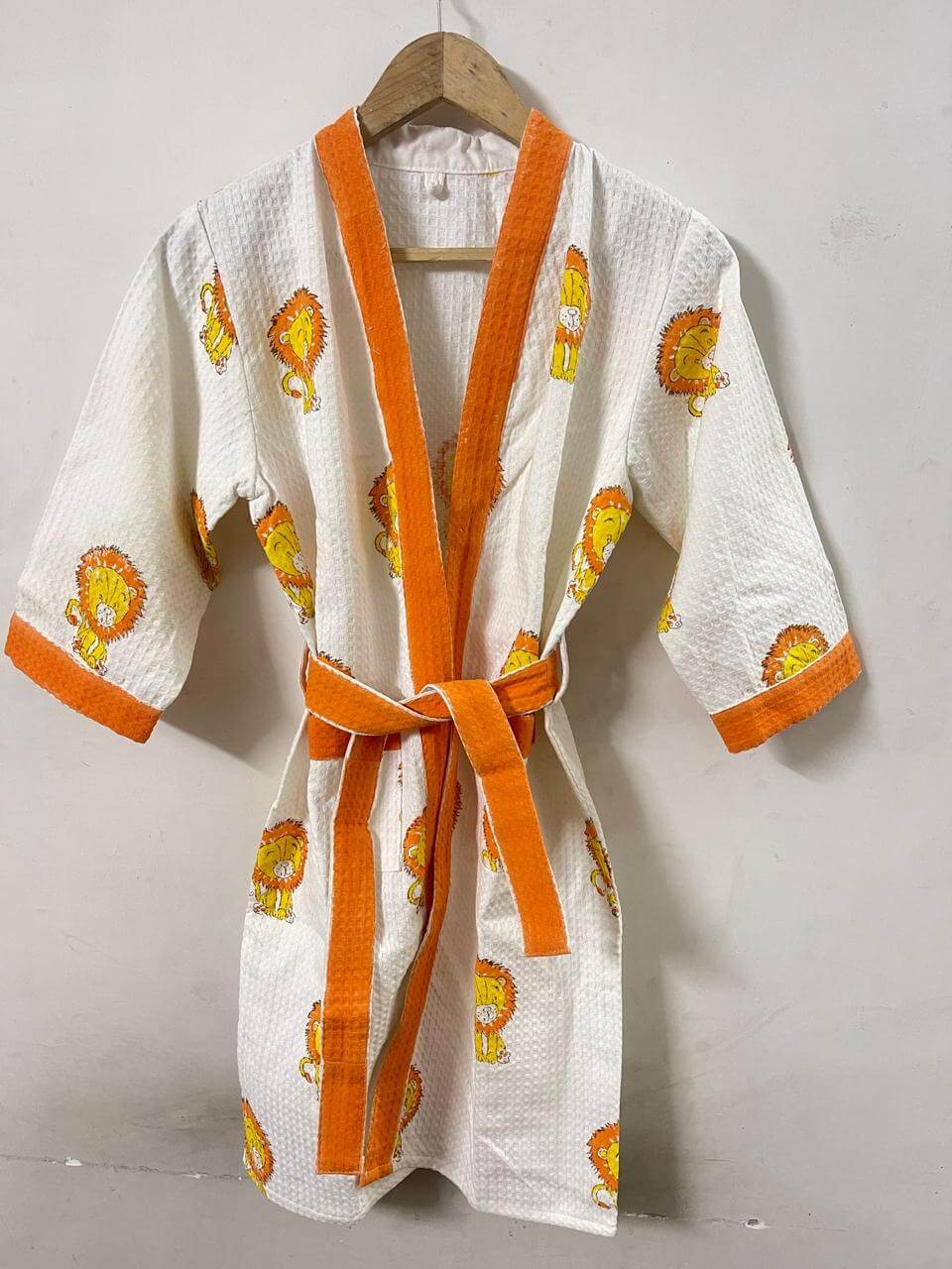 Hand Block Printed Kids Waffle Cotton Bathrobe - Simba